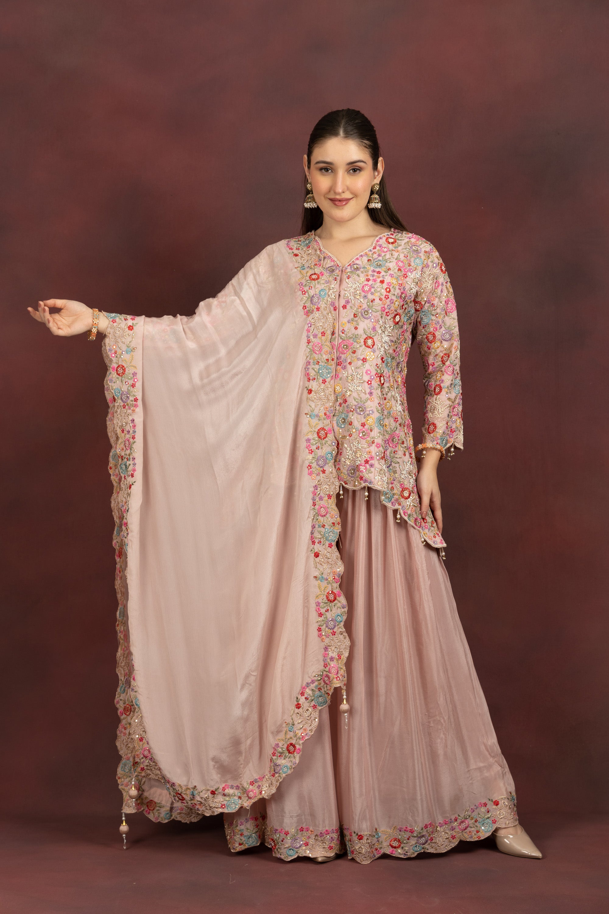 Women's Blush Pink Floral Embroidered Kurta Sharara Set with Dupatta