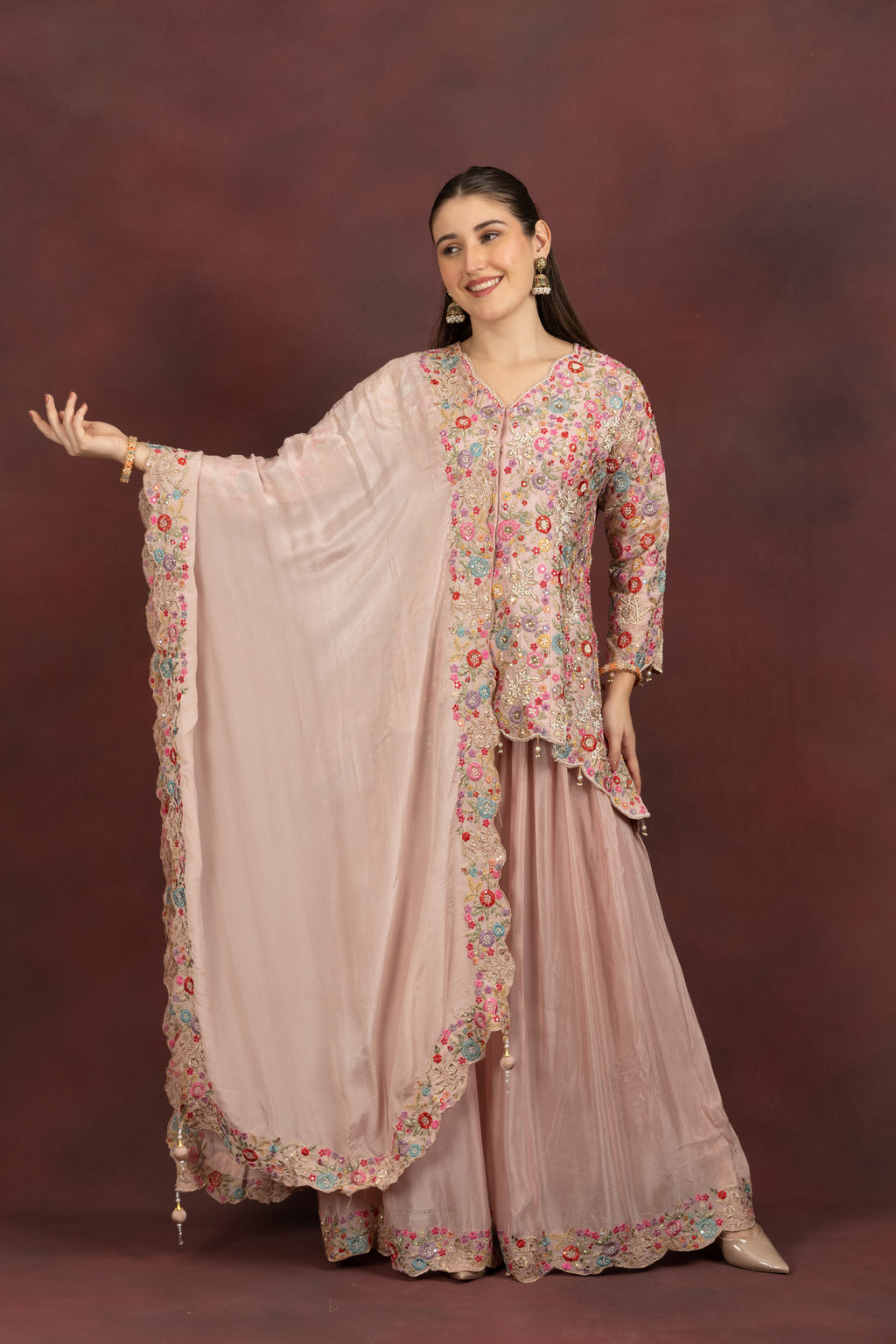 Women's Blush Pink Floral Embroidered Kurta Sharara Set with Dupatta