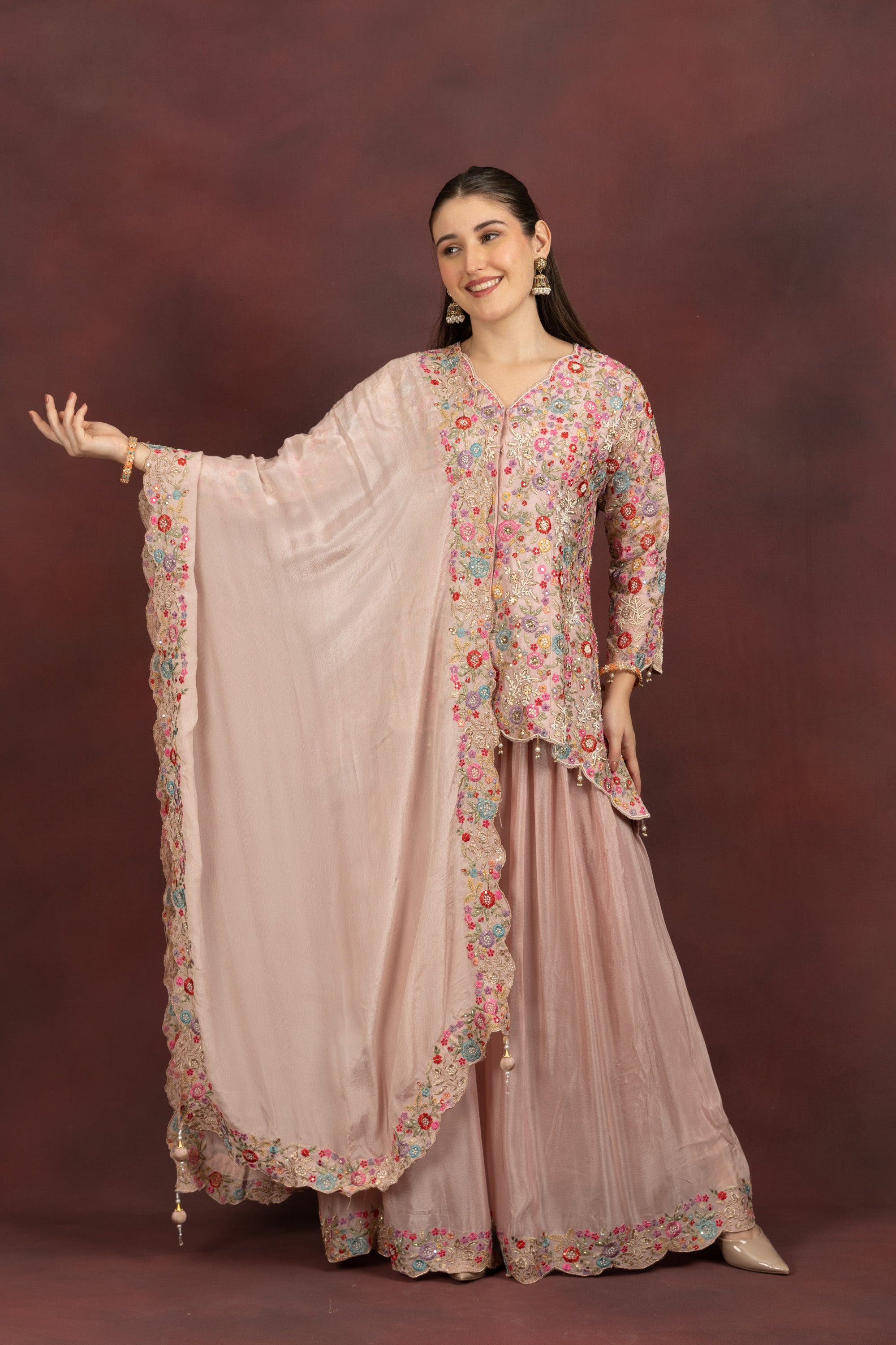 Women's Blush Pink Floral Embroidered Kurta Sharara Set with Dupatta