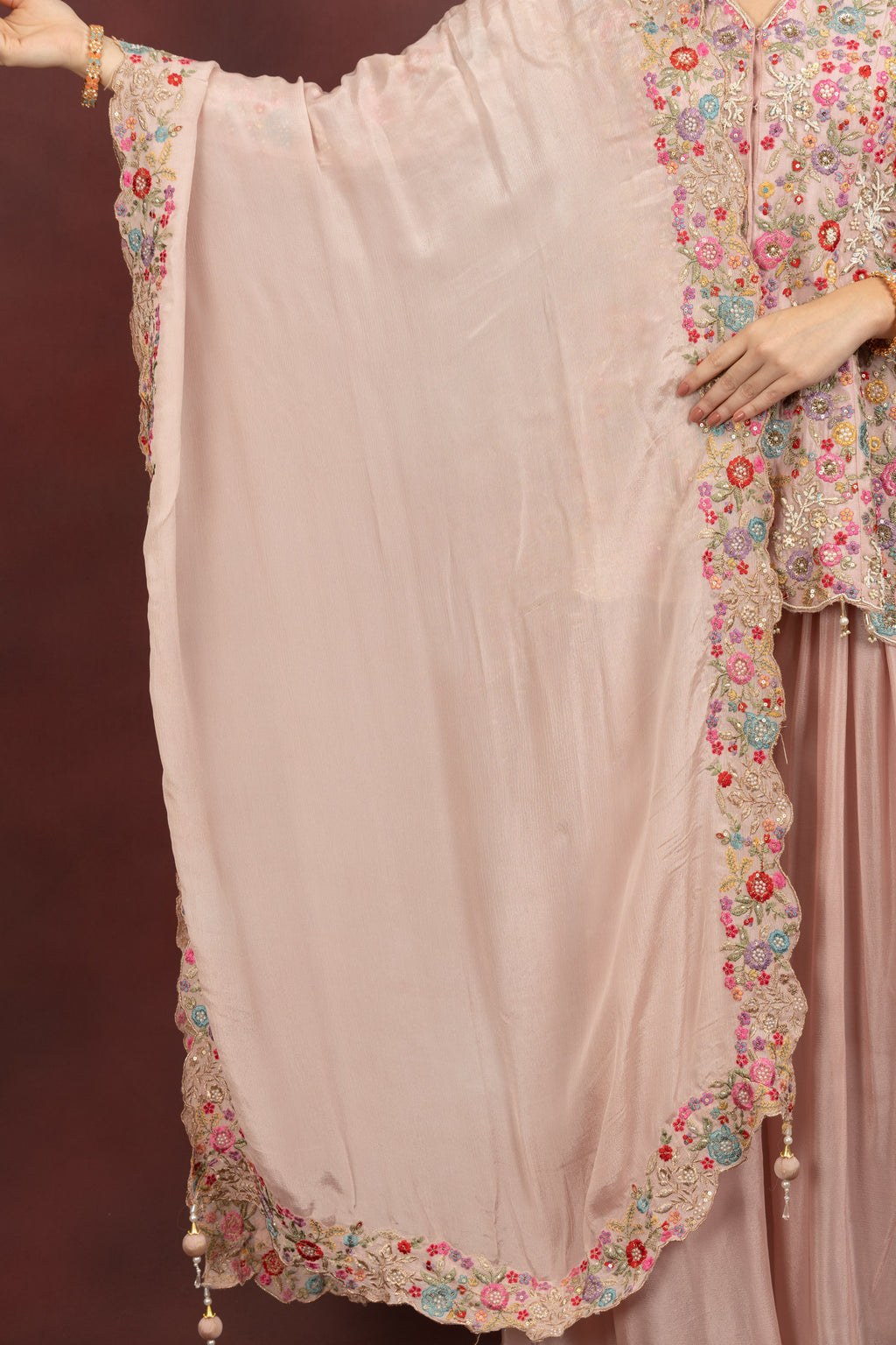 Women's Blush Pink Floral Embroidered Kurta Sharara Set with Dupatta
