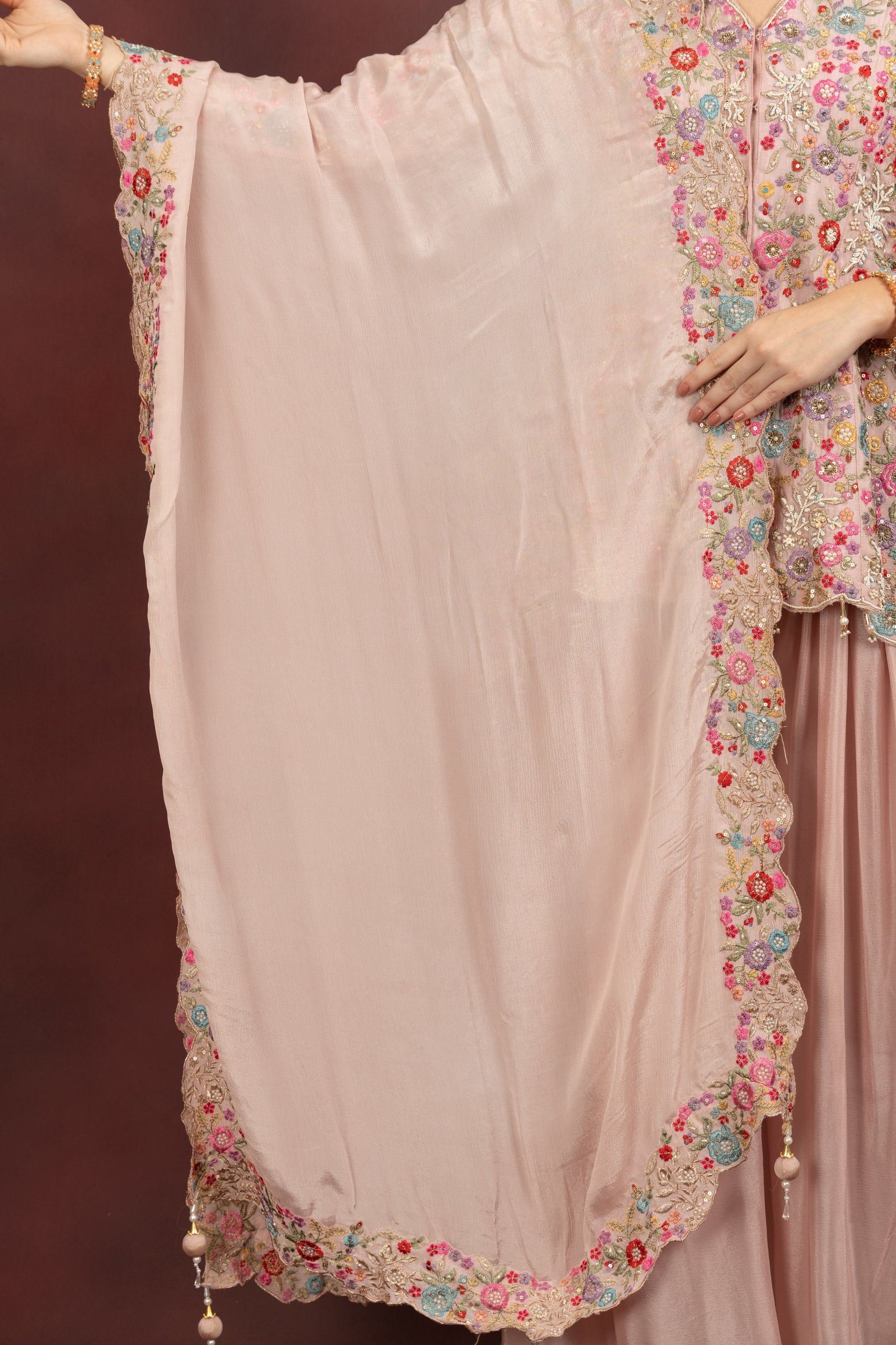 Women's Blush Pink Floral Embroidered Kurta Sharara Set with Dupatta