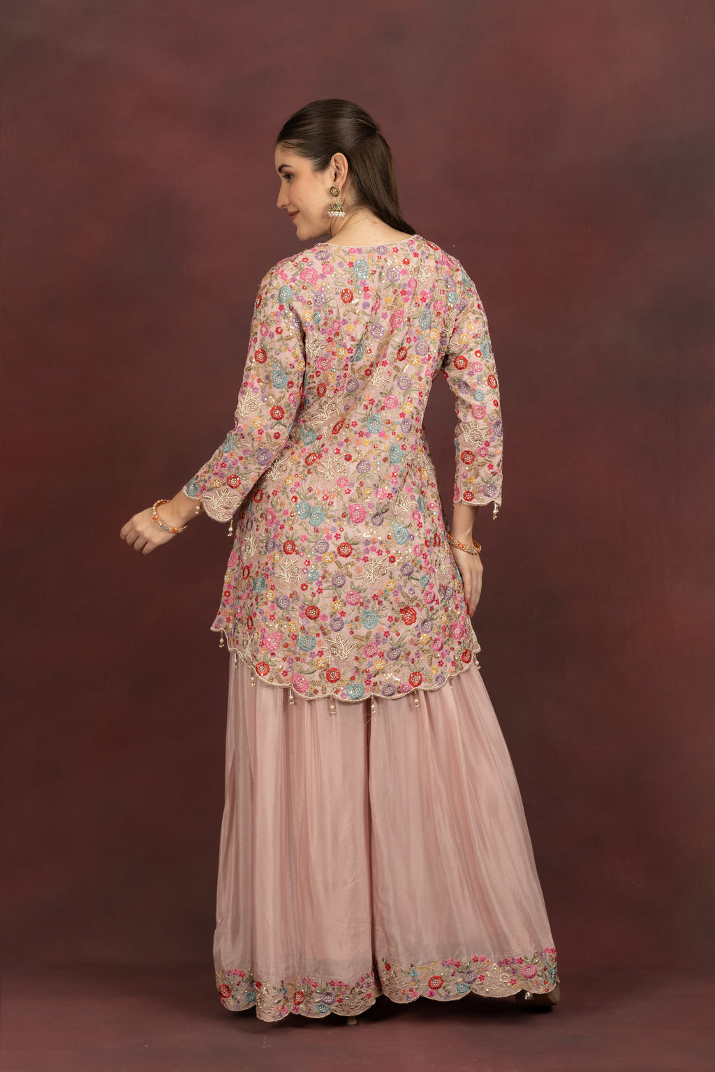Women's Blush Pink Floral Embroidered Kurta Sharara Set with Dupatta