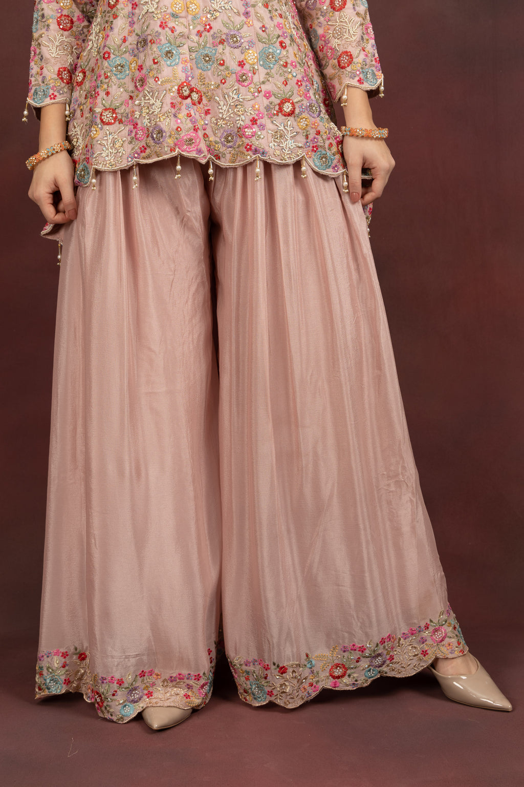 Women's Blush Pink Floral Embroidered Kurta Sharara Set with Dupatta