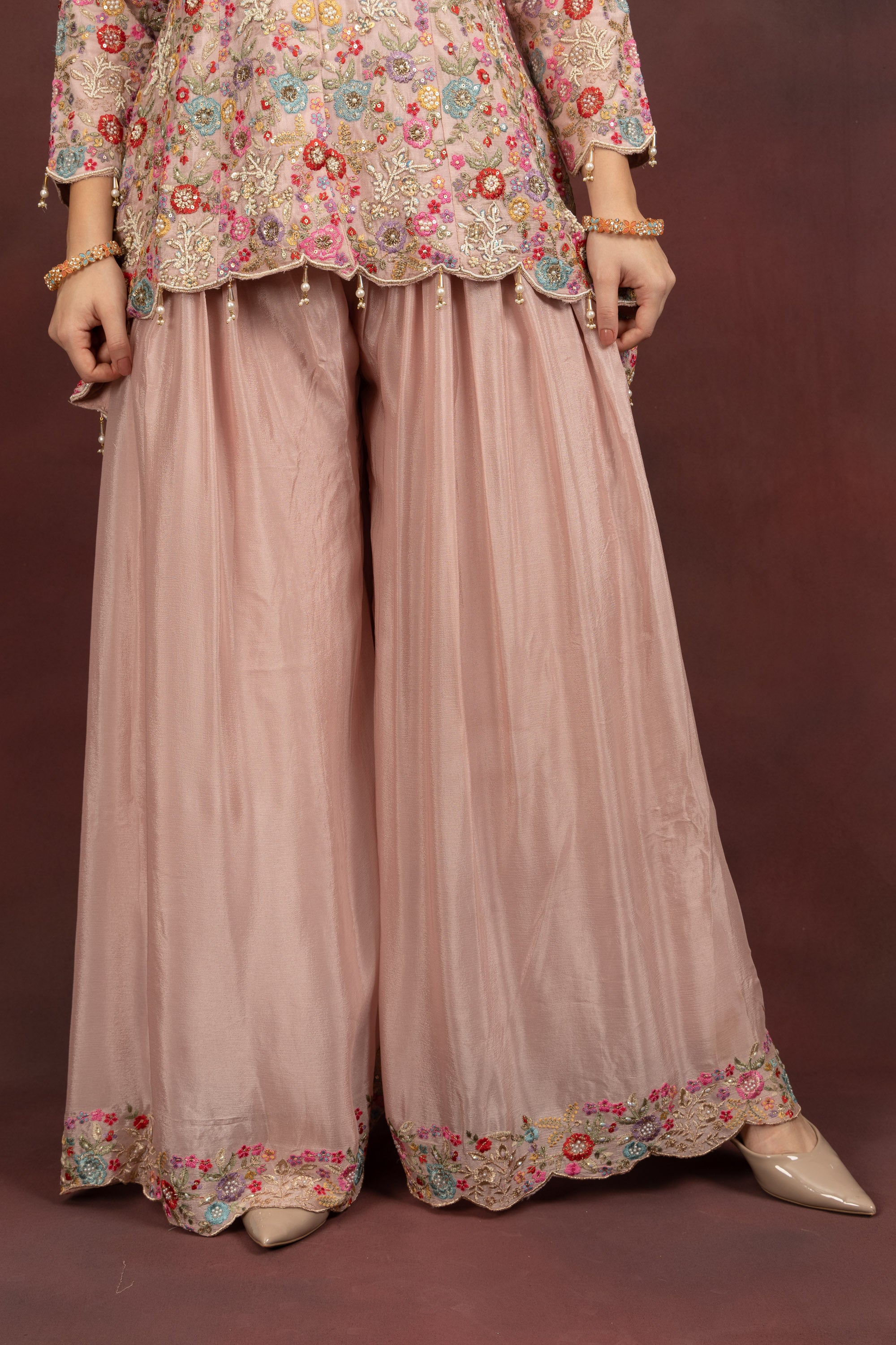 Women's Blush Pink Floral Embroidered Kurta Sharara Set with Dupatta