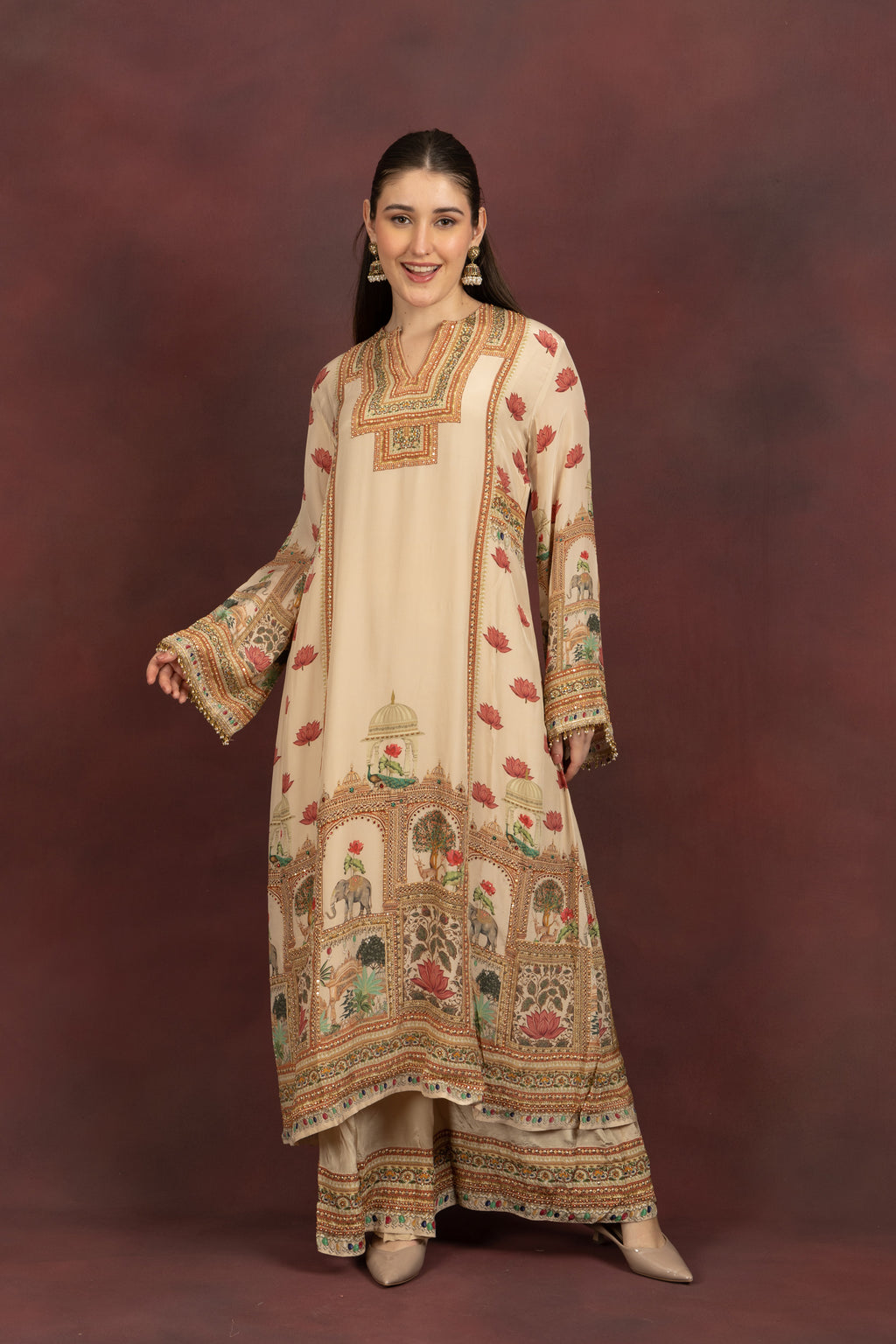 Women's Beige Printed Kurta Palazzo Set with Dupatta