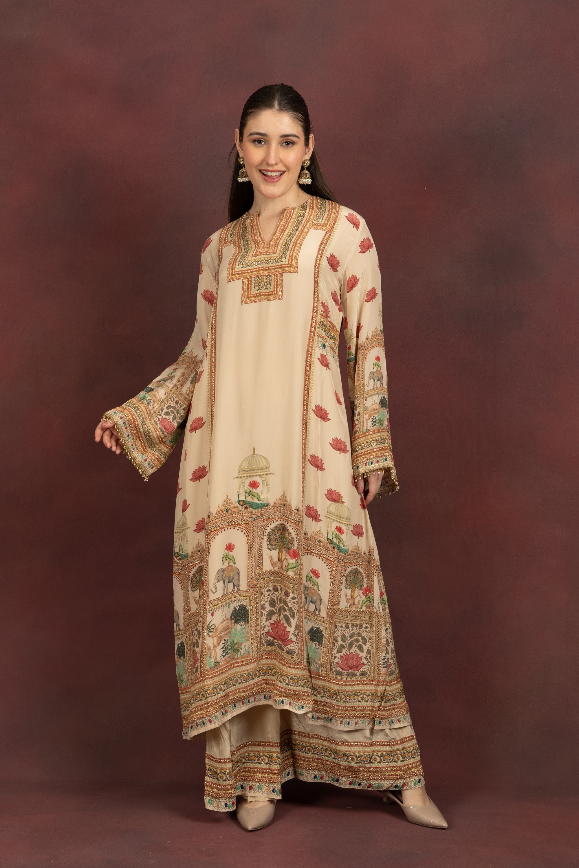 Women's Beige Printed Kurta Palazzo Set with Dupatta