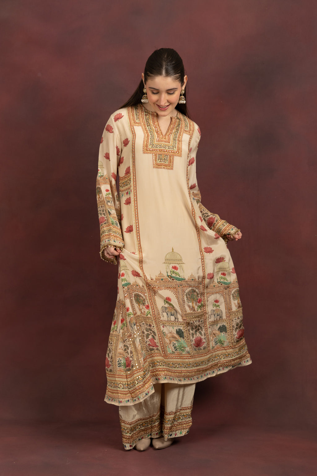 Women's Beige Printed Kurta Palazzo Set with Dupatta