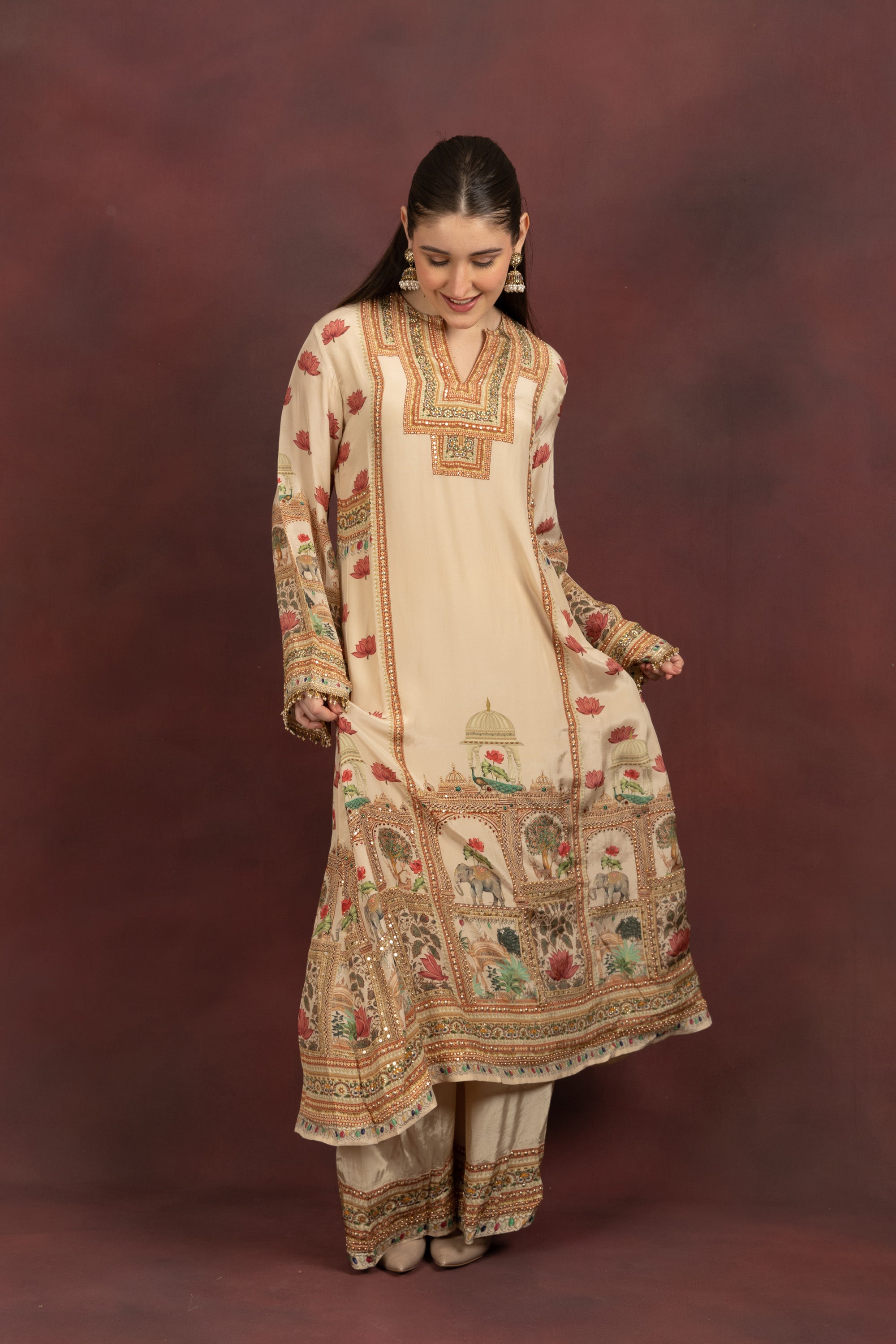 Women's Beige Printed Kurta Palazzo Set with Dupatta