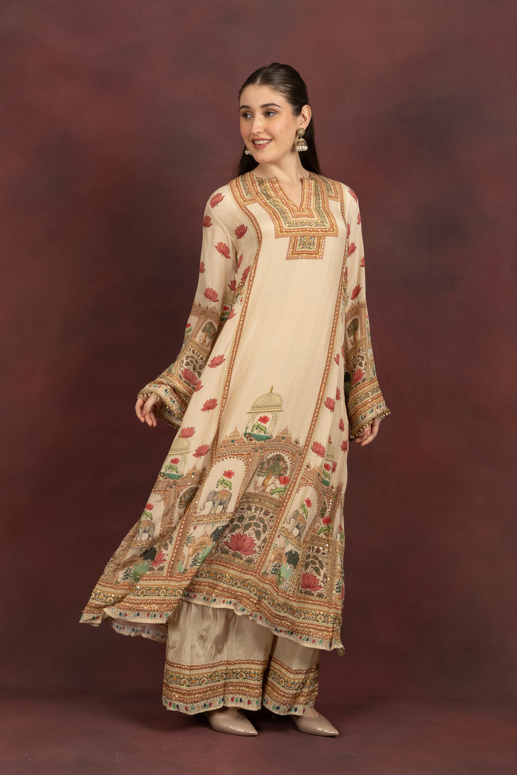 Women's Beige Printed Kurta Palazzo Set with Dupatta