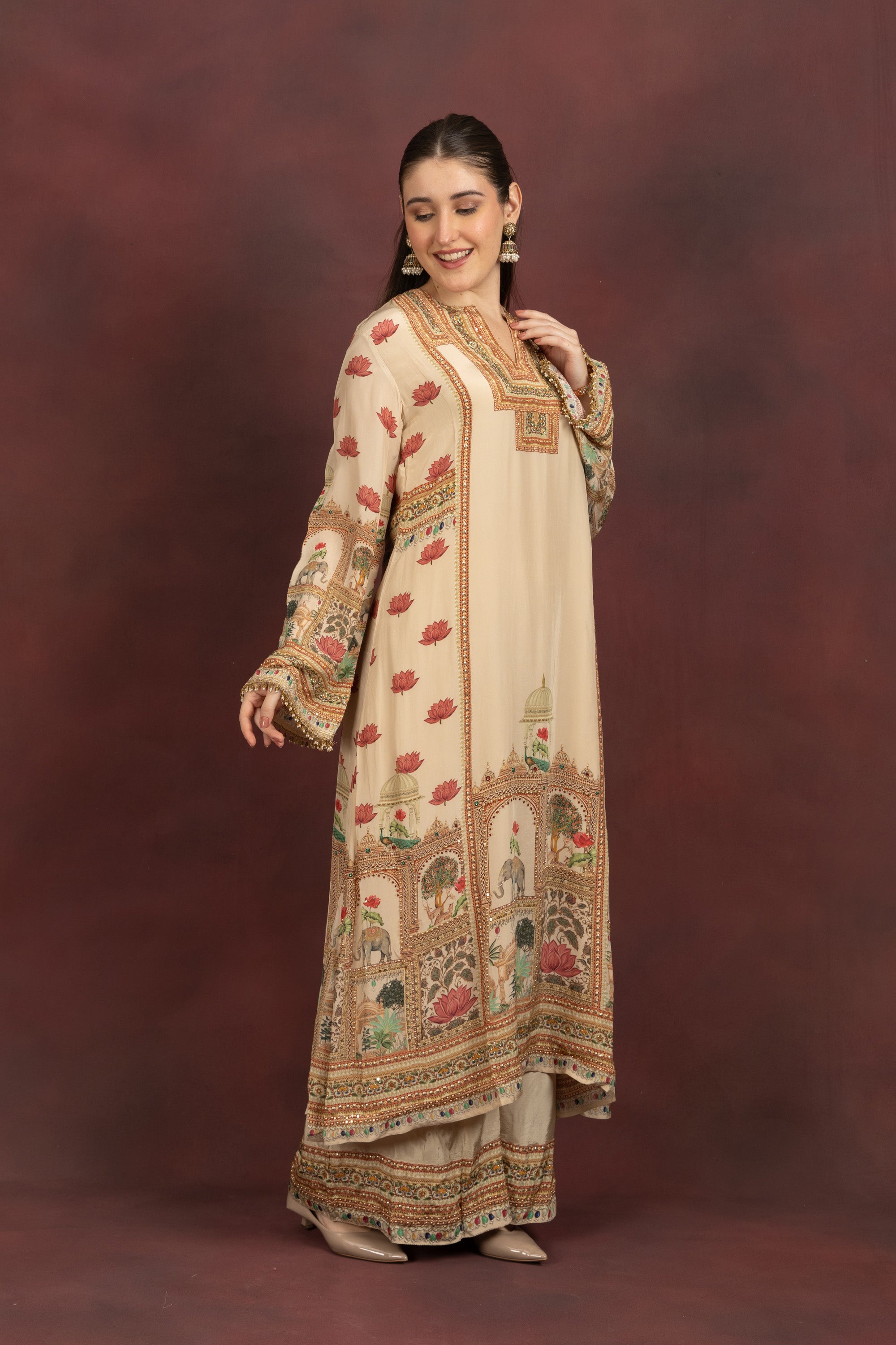 Women's Beige Printed Kurta Palazzo Set with Dupatta