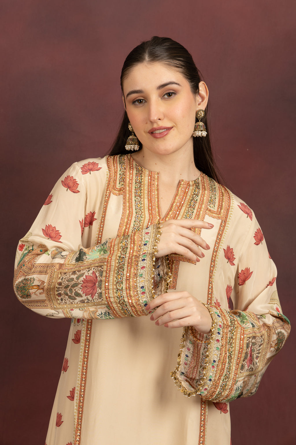 Women's Beige Printed Kurta Palazzo Set with Dupatta