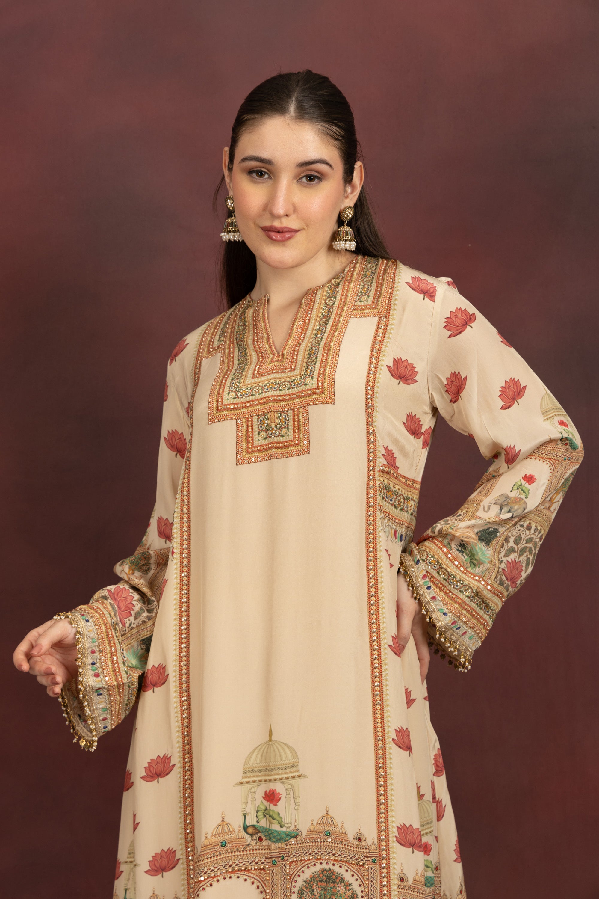 Women's Beige Printed Kurta Palazzo Set with Dupatta