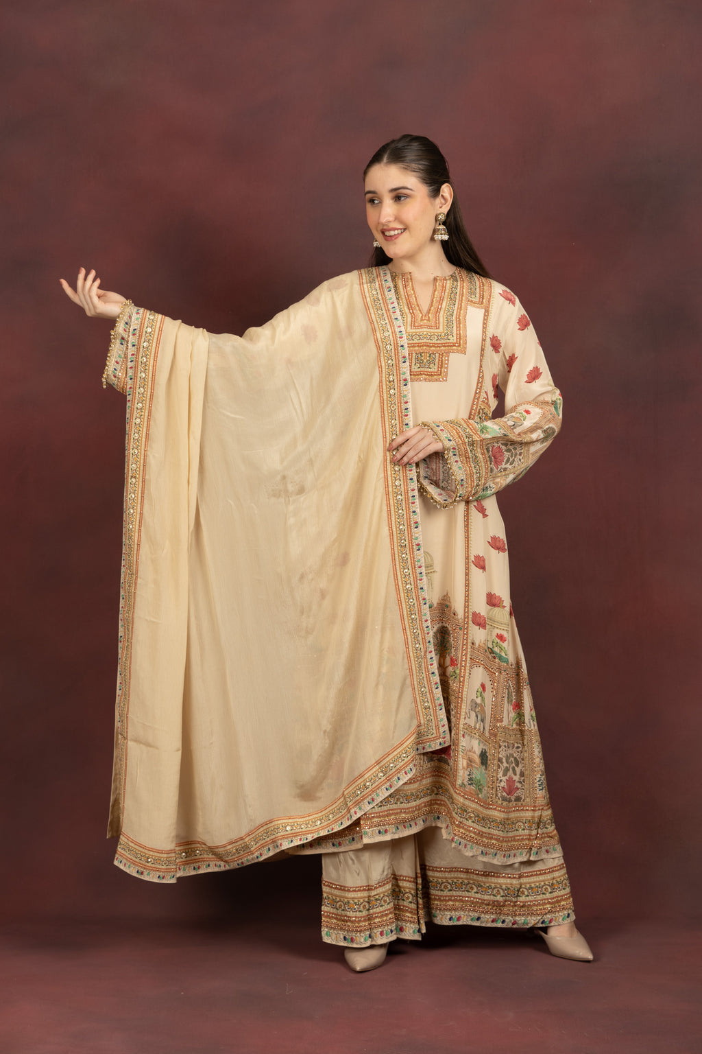 Women's Beige Printed Kurta Palazzo Set with Dupatta