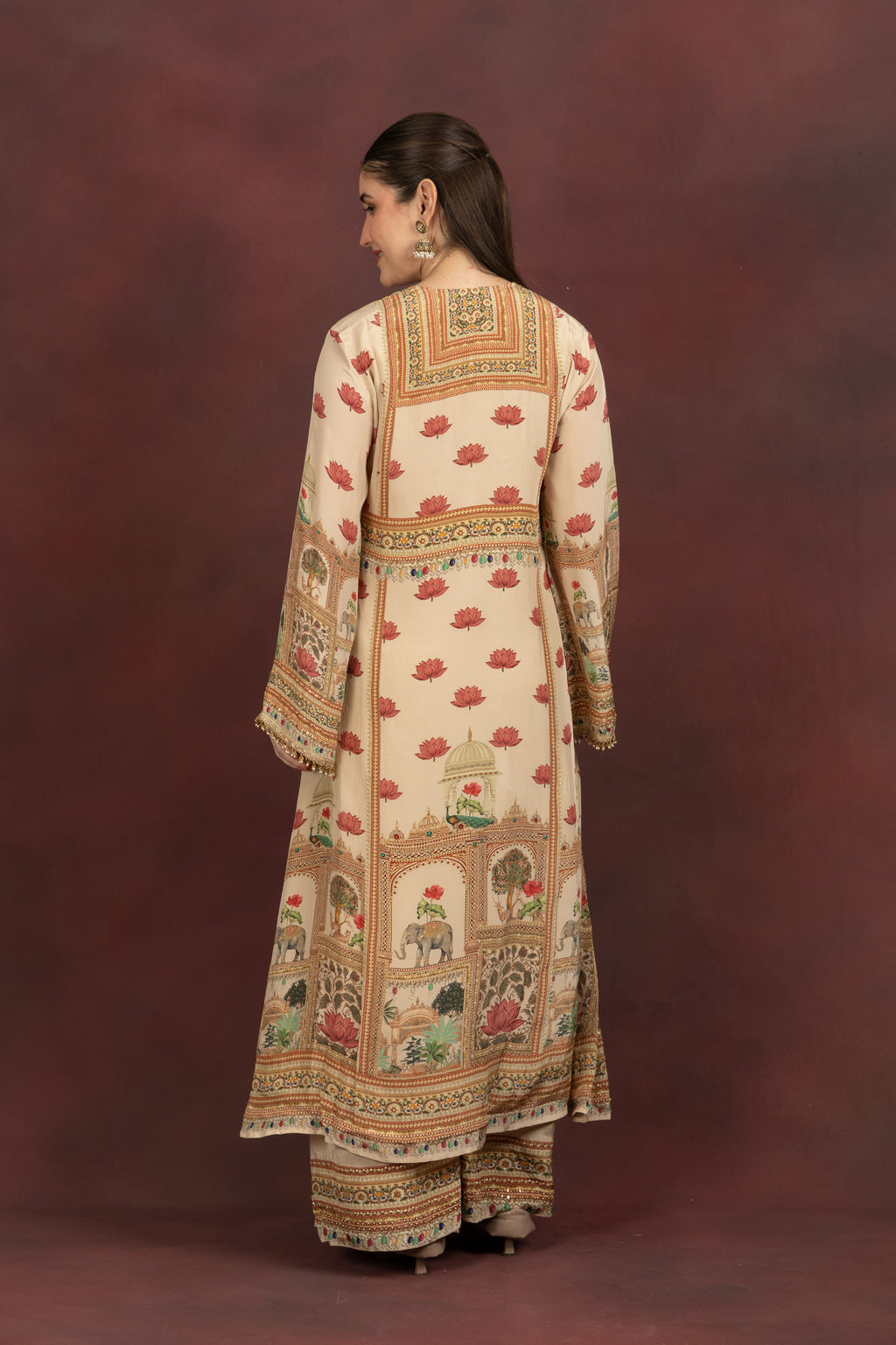 Women's Beige Printed Kurta Palazzo Set with Dupatta