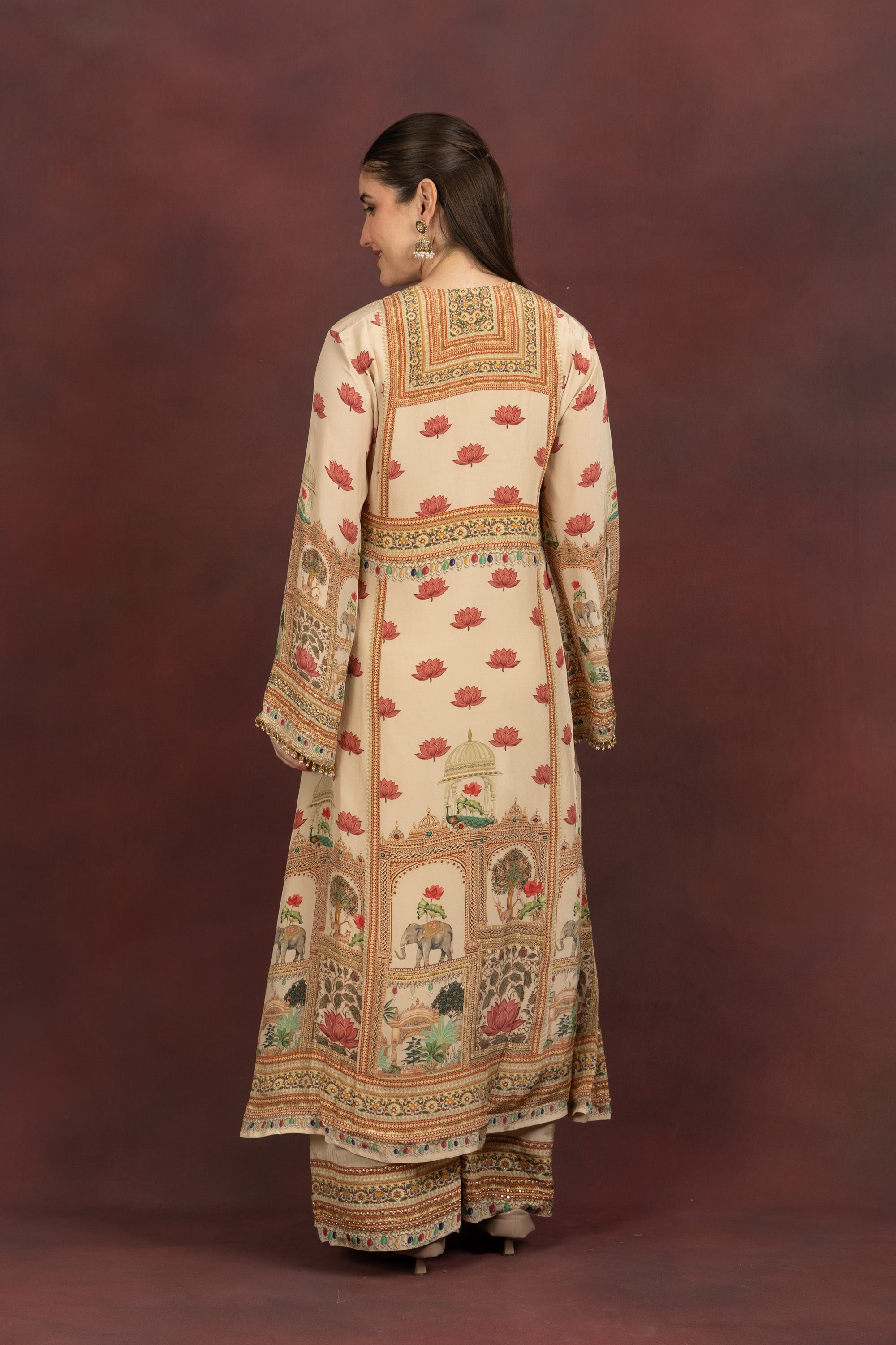 Women's Beige Printed Kurta Palazzo Set with Dupatta