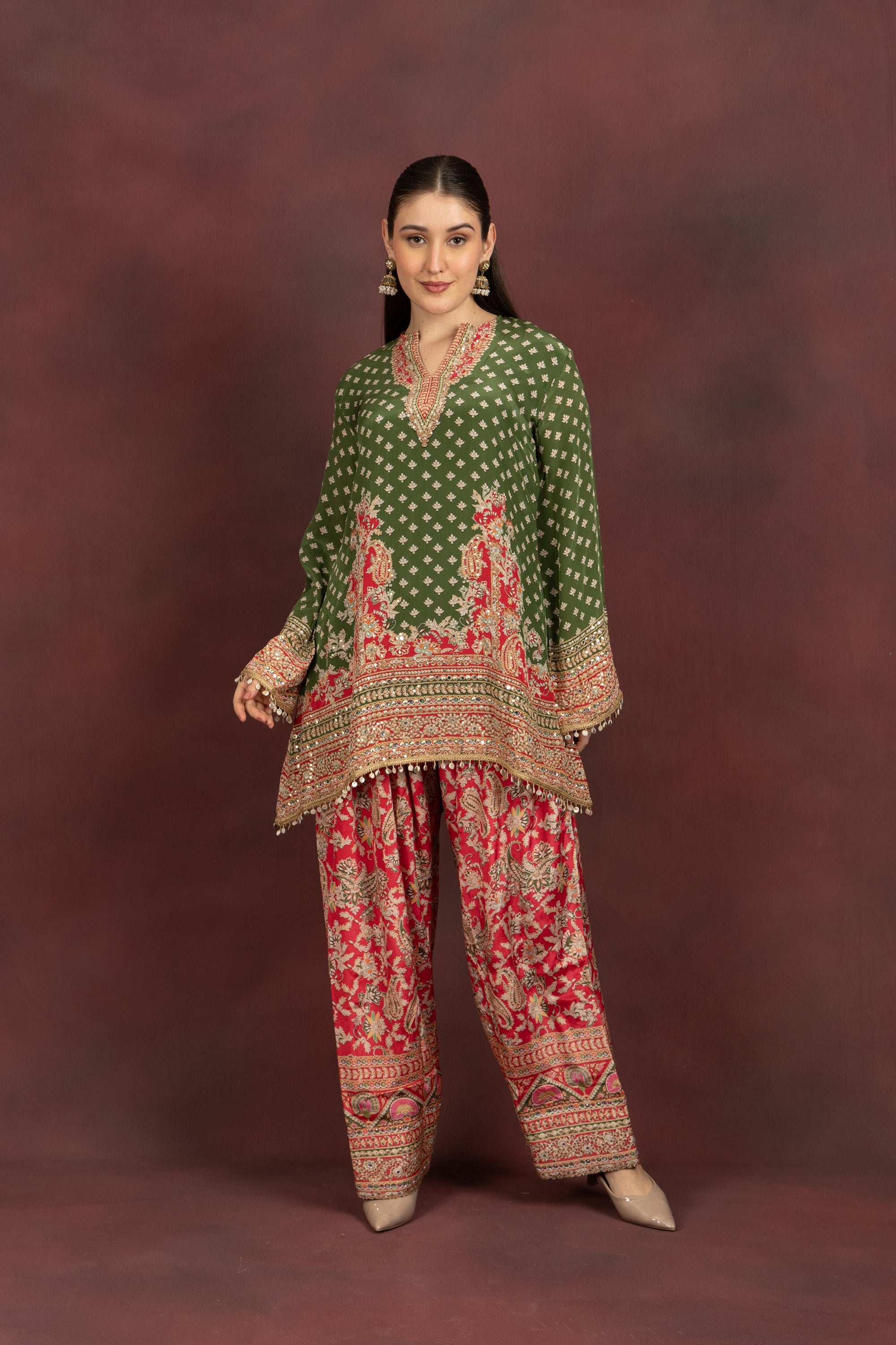 Women's Olive Green Printed Kurta Palazzo Set
