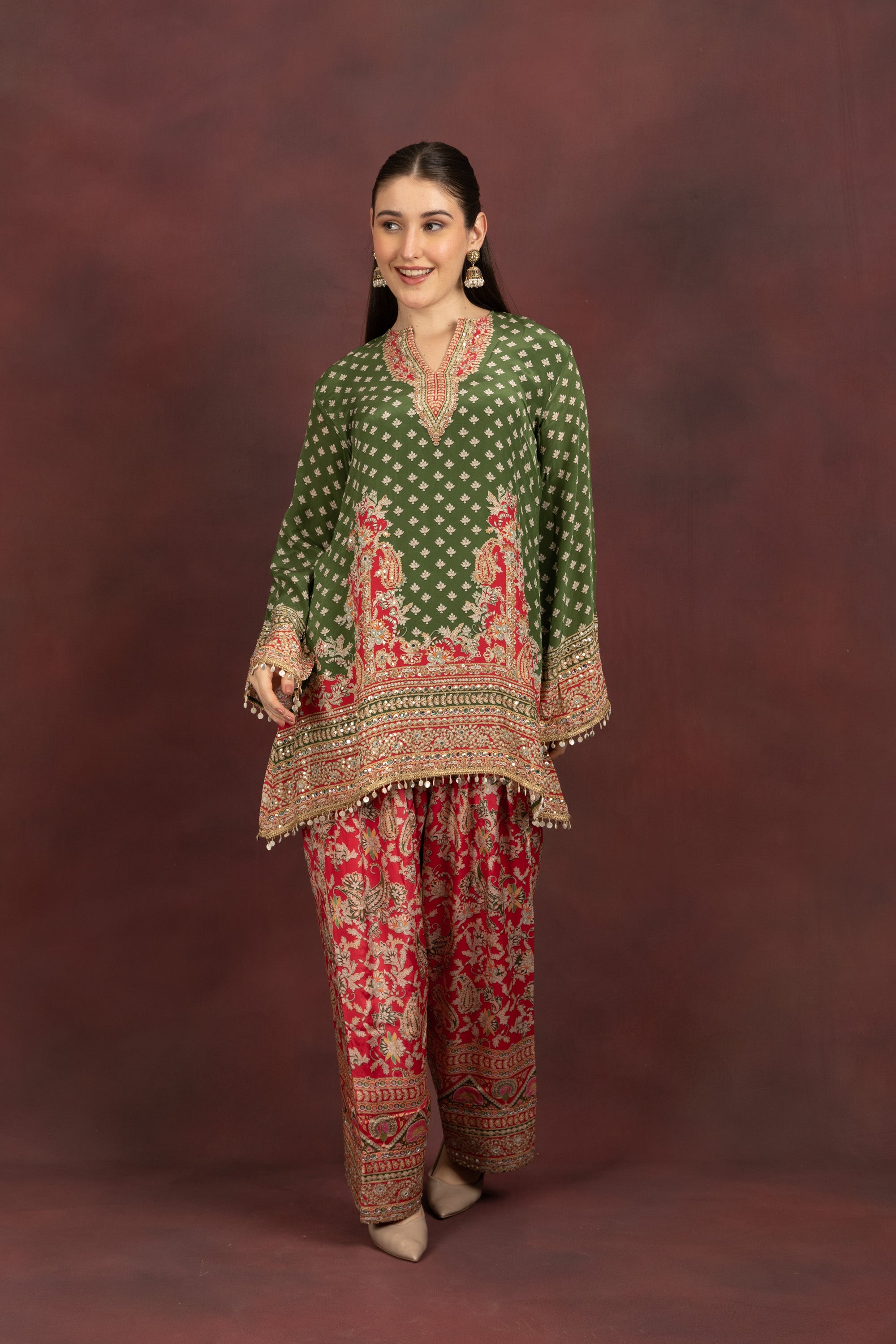 Women's Olive Green Printed Kurta Palazzo Set