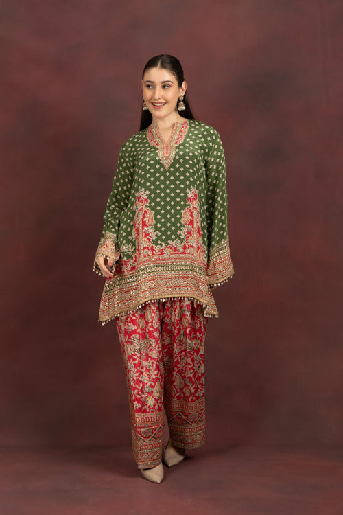 Women's Olive Green Printed Kurta Palazzo Set