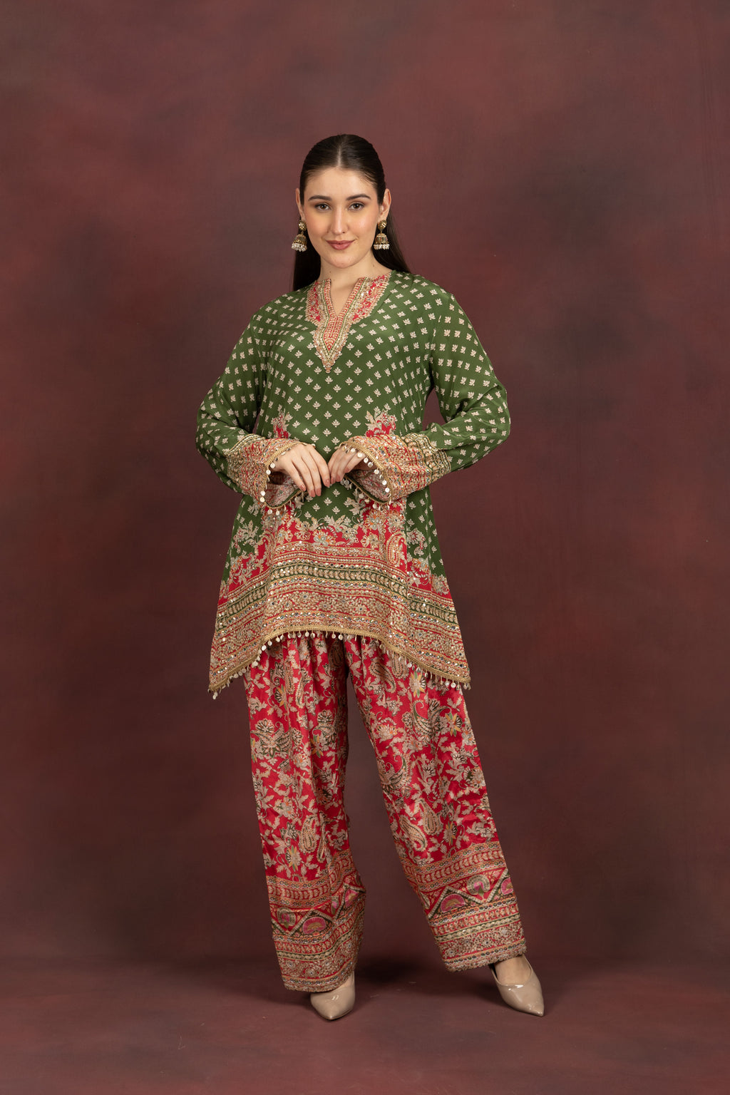 Women's Olive Green Printed Kurta Palazzo Set