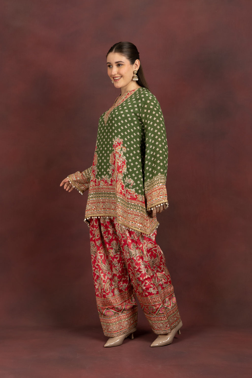 Women's Olive Green Printed Kurta Palazzo Set