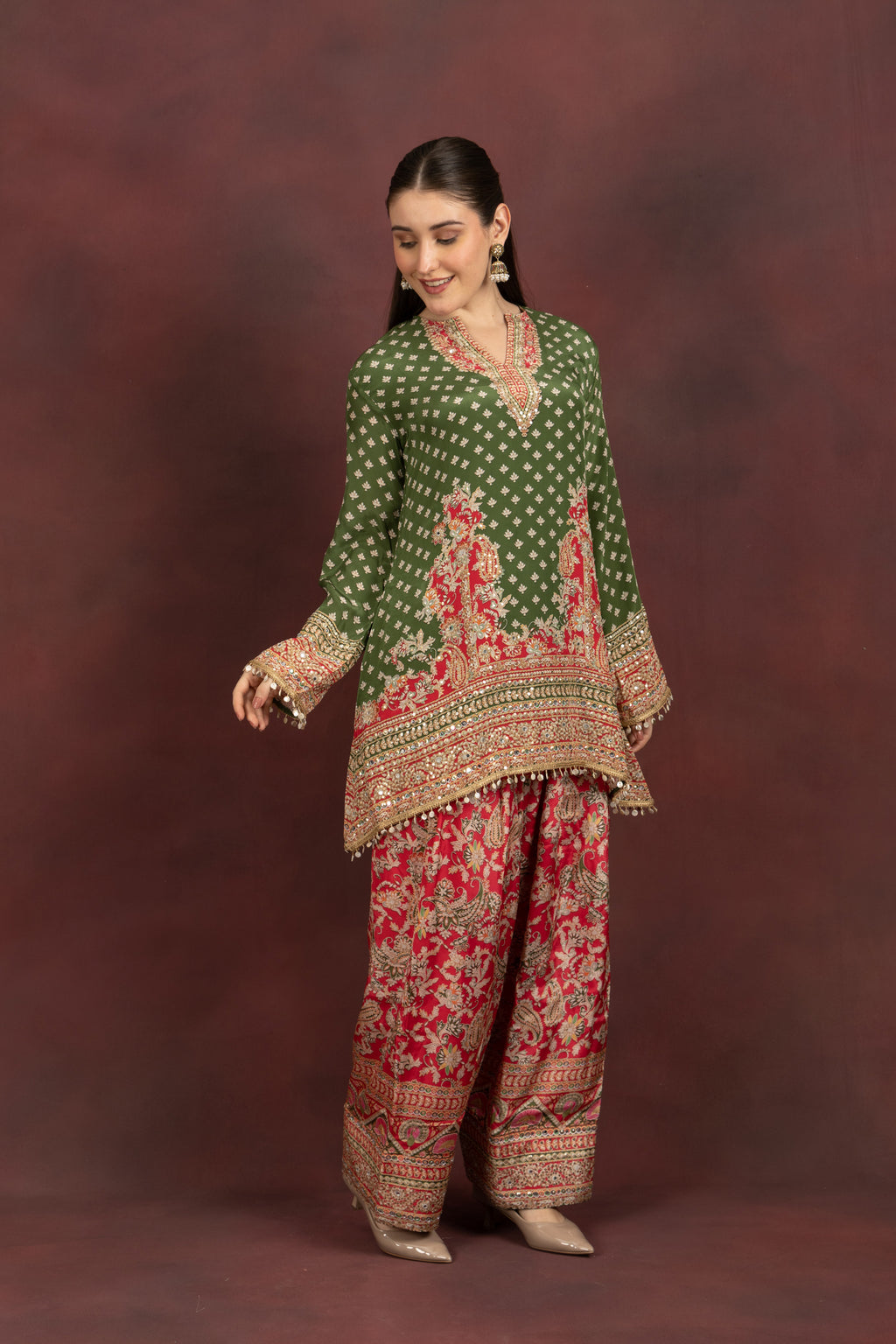Women's Olive Green Printed Kurta Palazzo Set