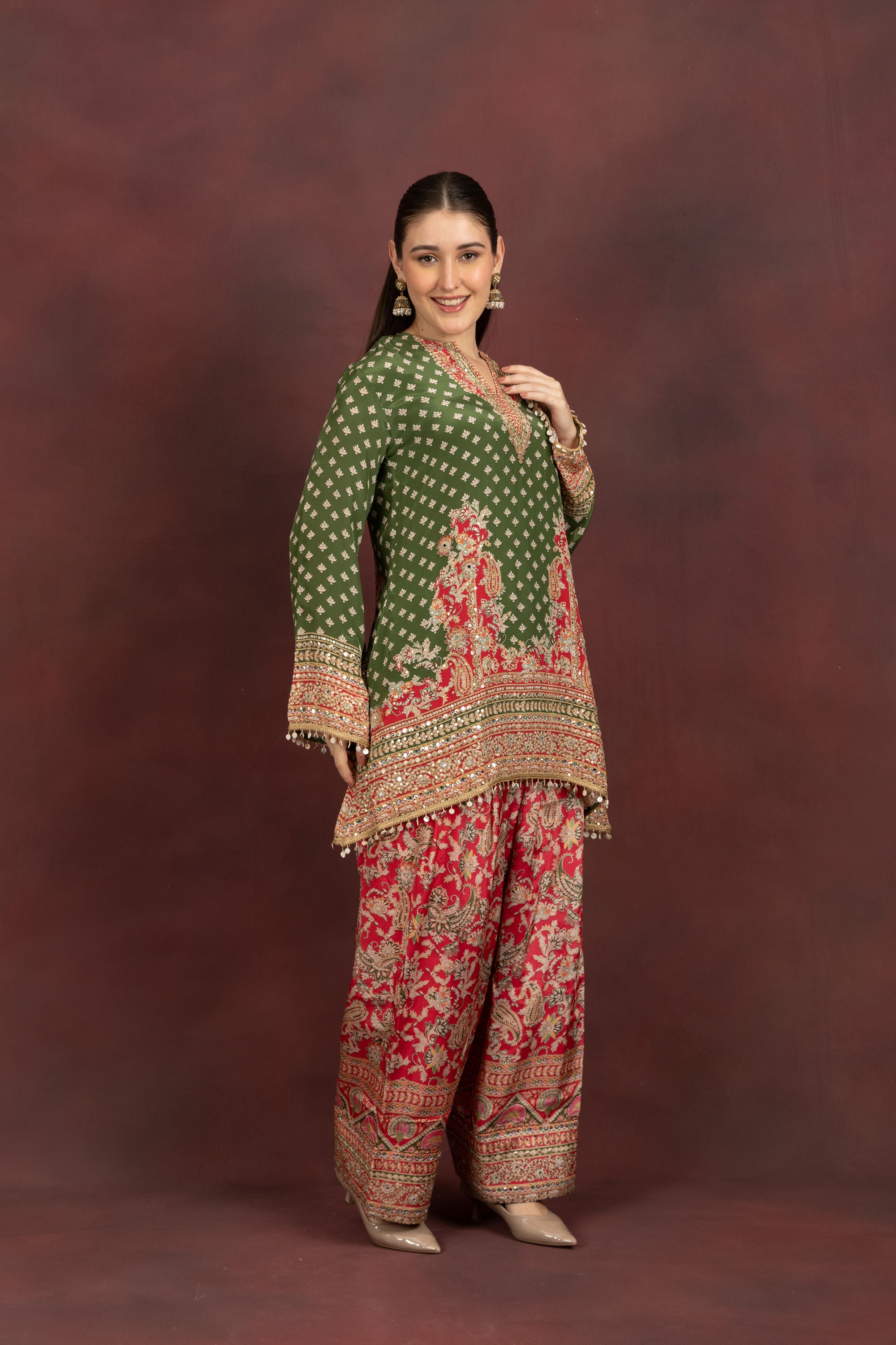 Women's Olive Green Printed Kurta Palazzo Set
