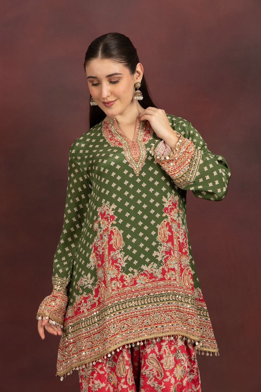 Women's Olive Green Printed Kurta Palazzo Set