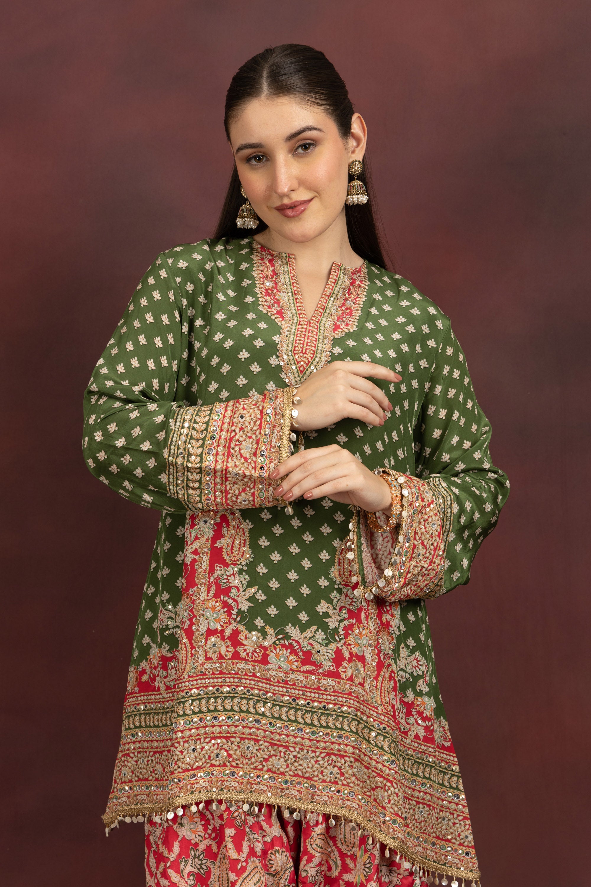 Women's Olive Green Printed Kurta Palazzo Set
