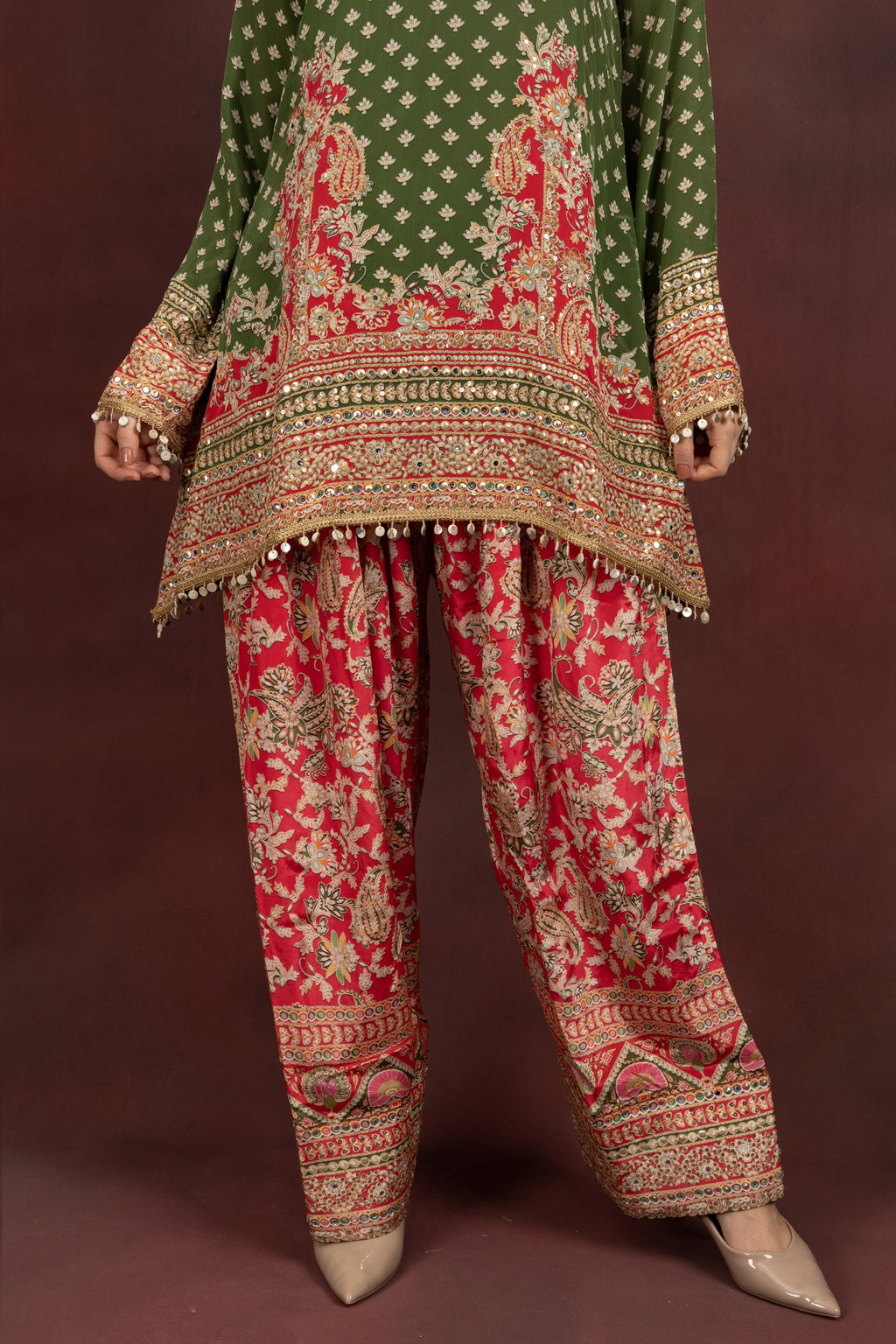 Women's Olive Green Printed Kurta Palazzo Set