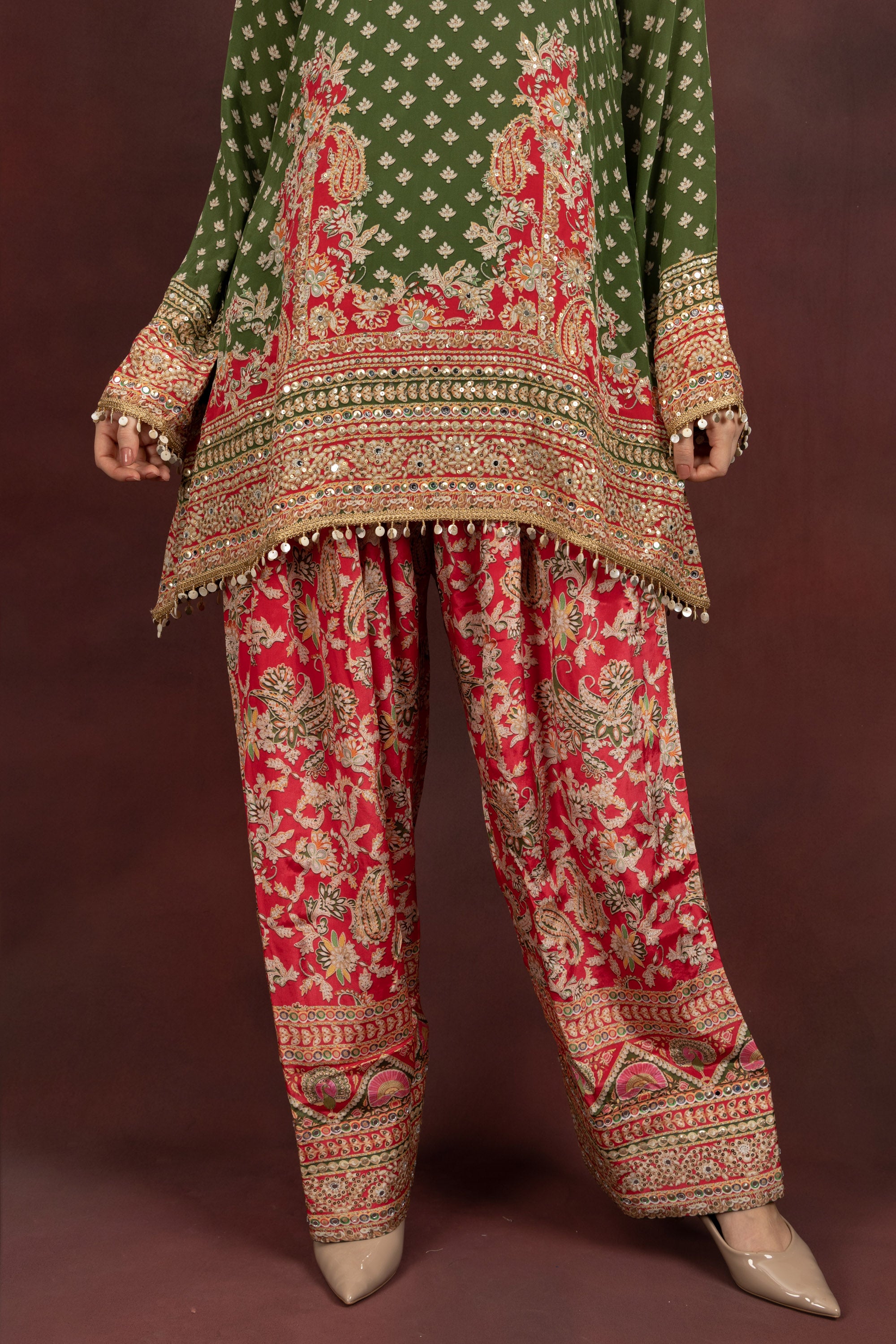Women's Olive Green Printed Kurta Palazzo Set