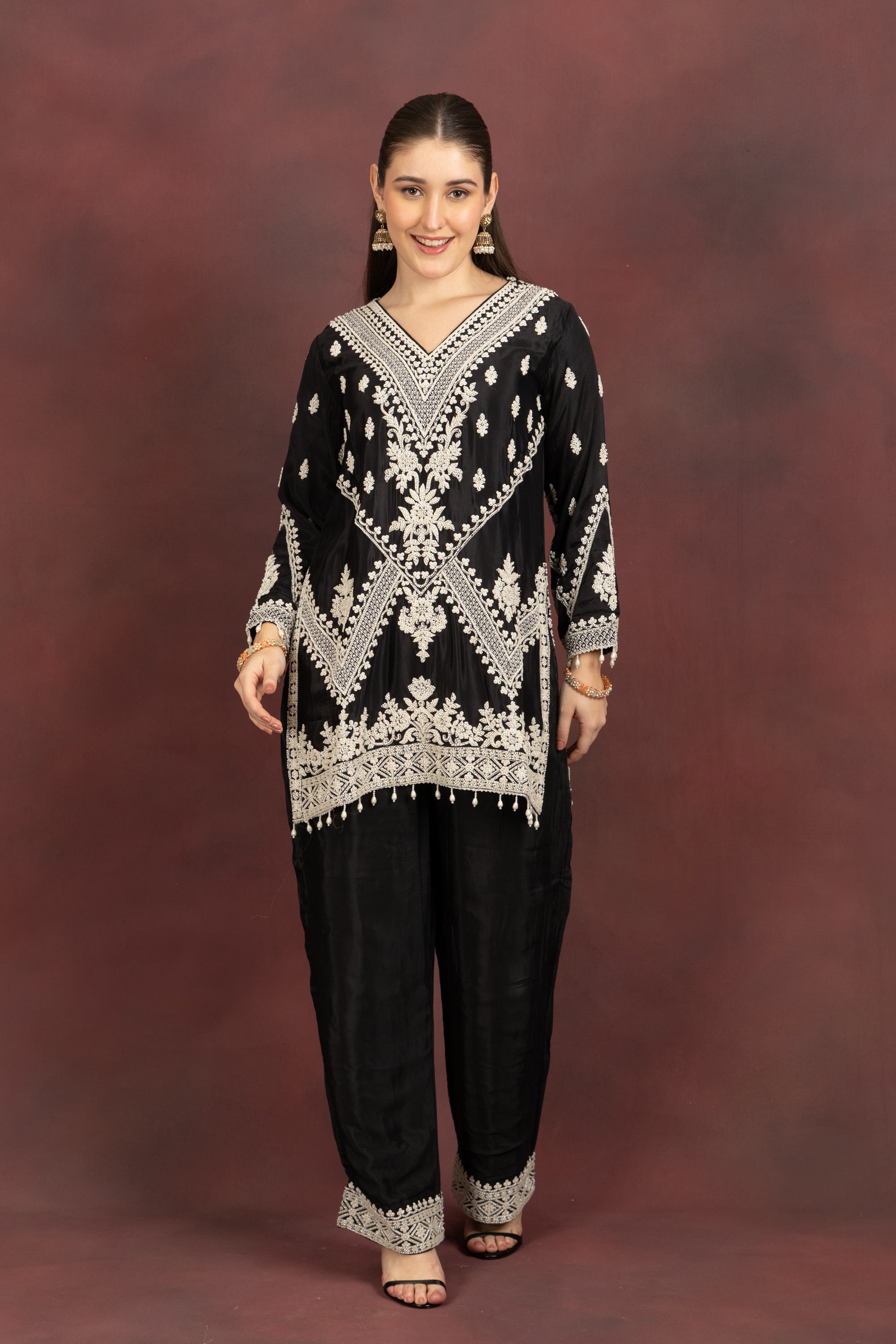 Women's Black Embroidered Kurta Pant Set with Dupatta