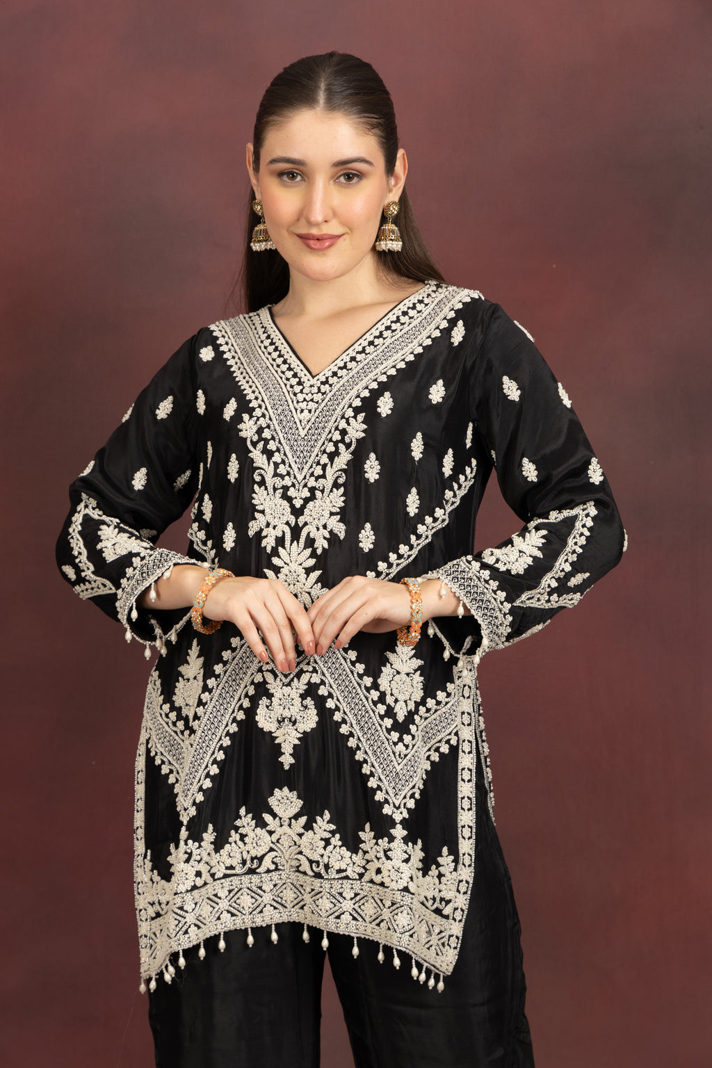 Women's Black Embroidered Kurta Pant Set with Dupatta