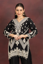 Women's Black Embroidered Kurta Pant Set with Dupatta