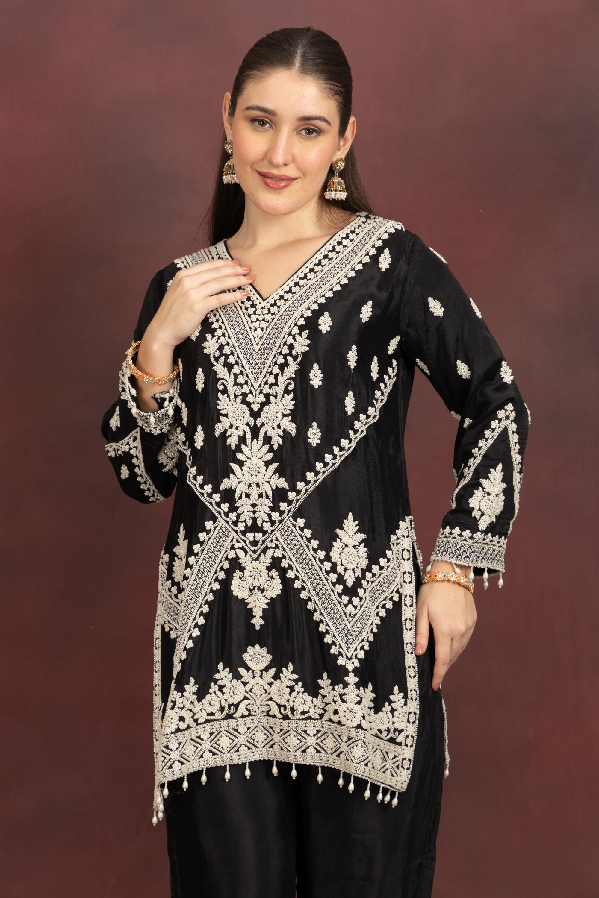 Women's Black Embroidered Kurta Pant Set with Dupatta
