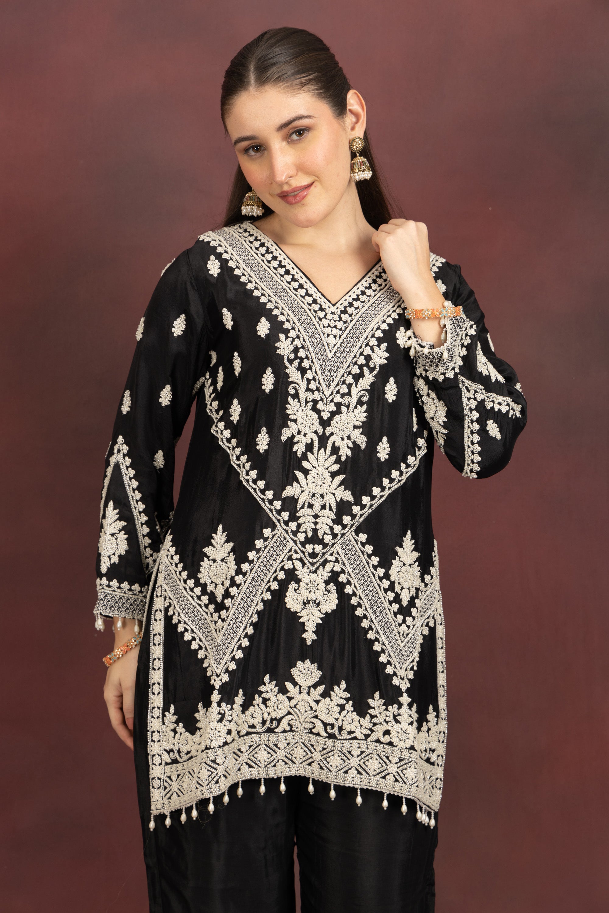Women's Black Embroidered Kurta Pant Set with Dupatta