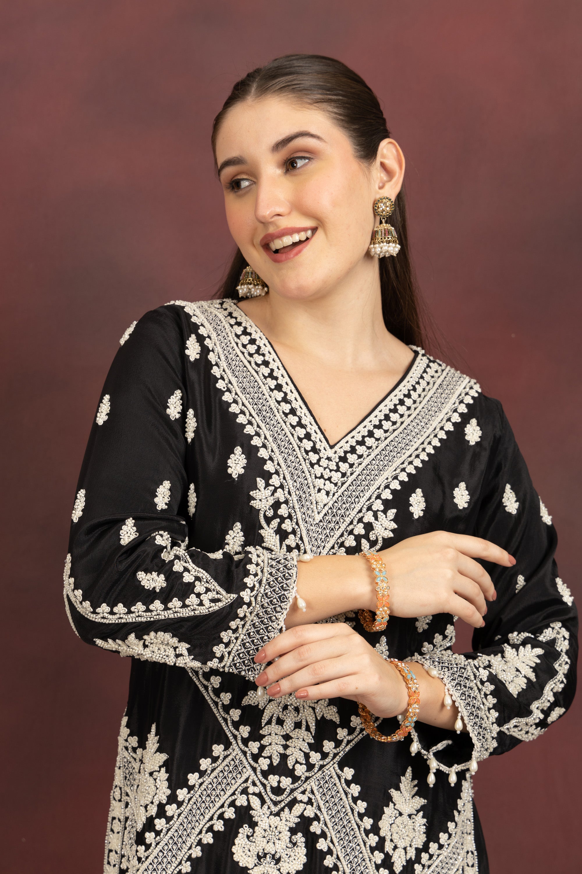 Women's Black Embroidered Kurta Pant Set with Dupatta