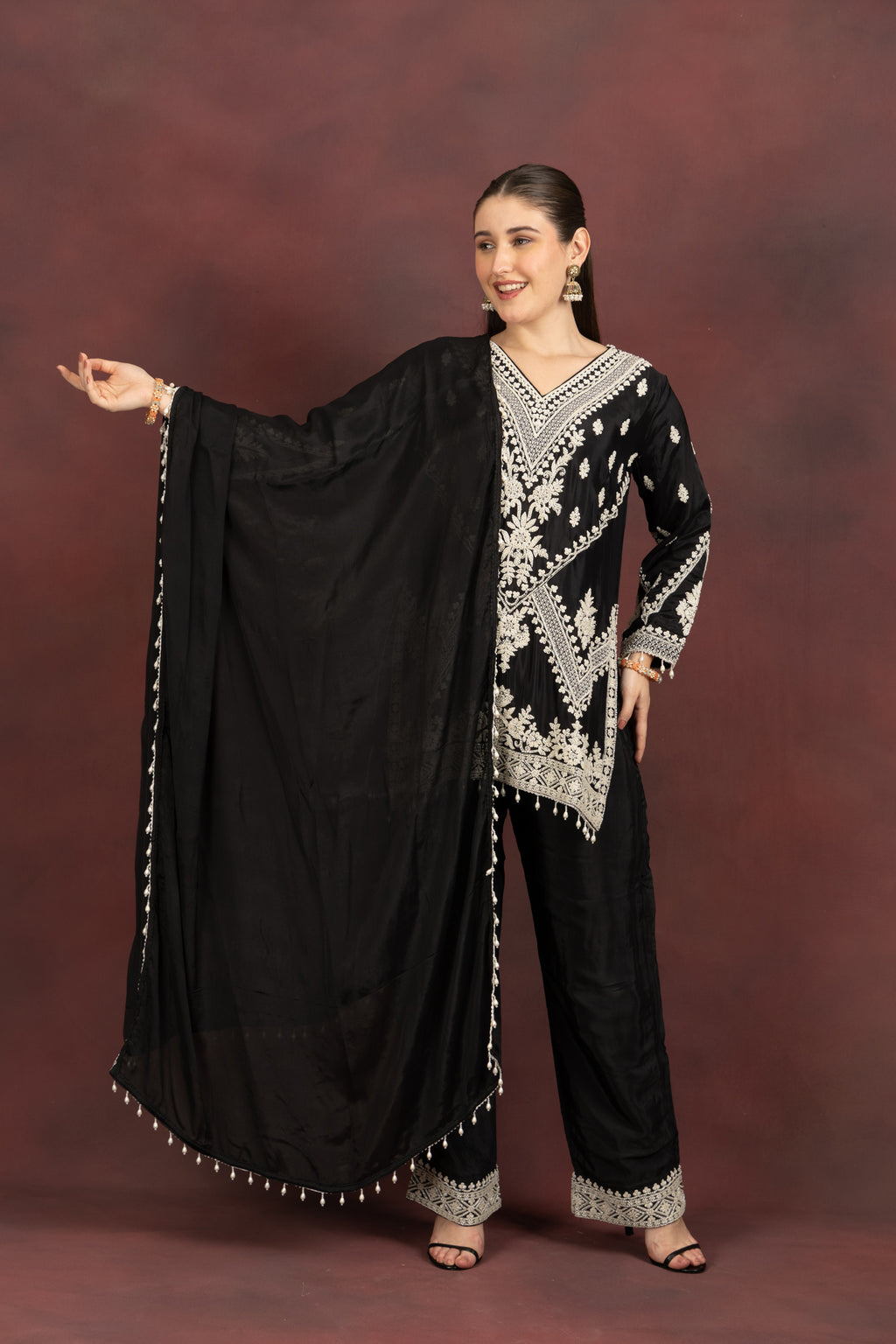 Women's Black Embroidered Kurta Pant Set with Dupatta