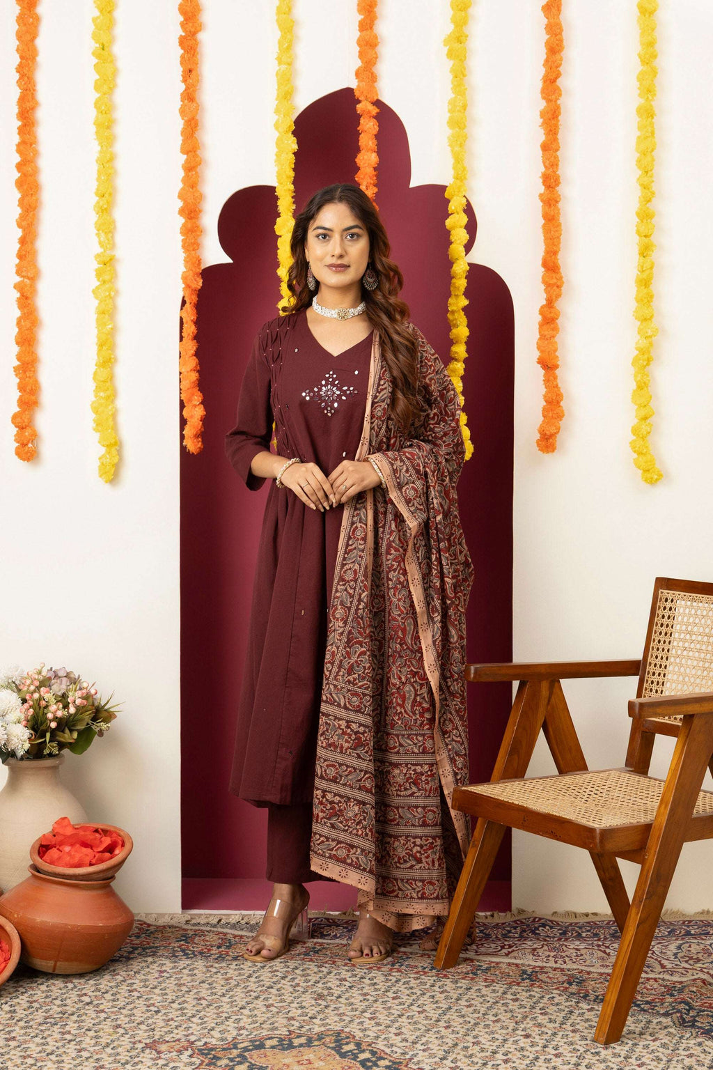 Wine Embroidered Cotton Suit Set