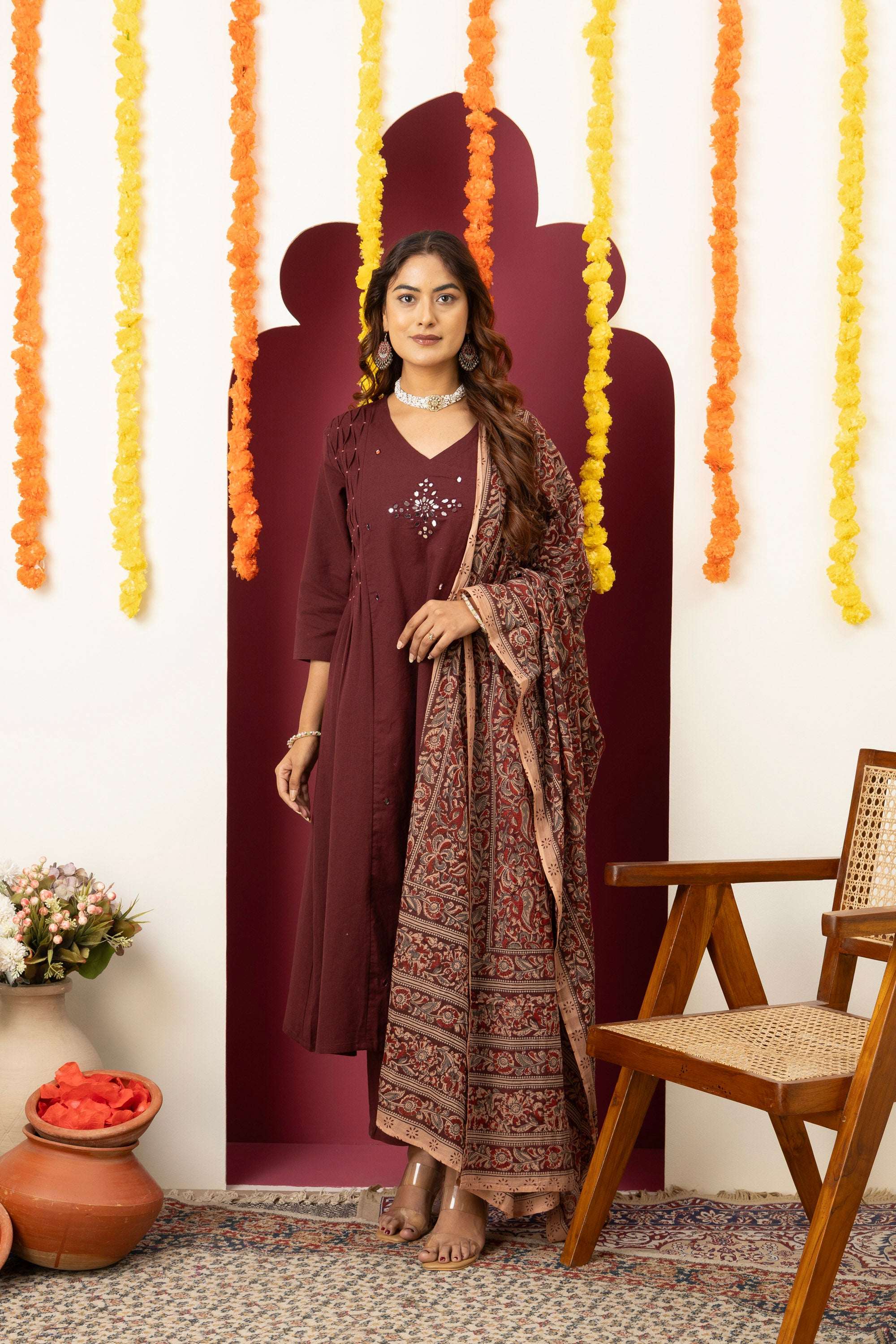 Wine Embroidered Cotton Suit Set