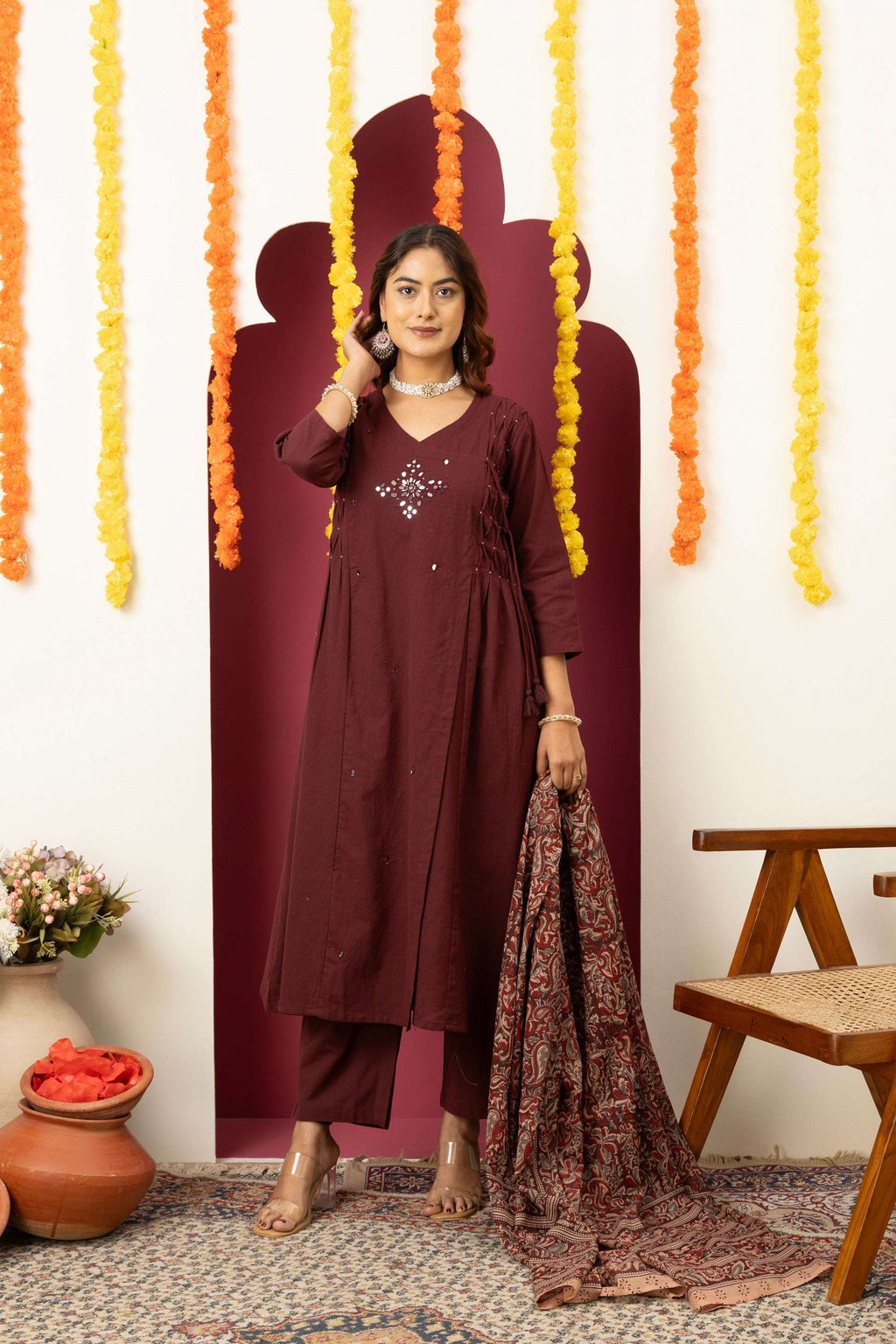 Wine Embroidered Cotton Suit Set