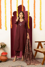 Wine Embroidered Cotton Suit Set