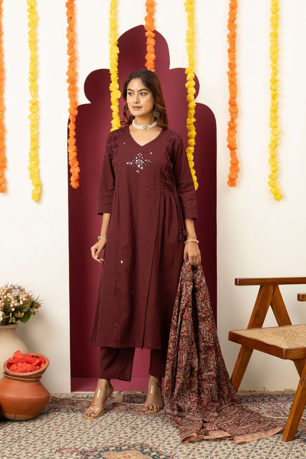 Wine Embroidered Cotton Suit Set