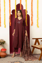 Wine Embroidered Cotton Suit Set