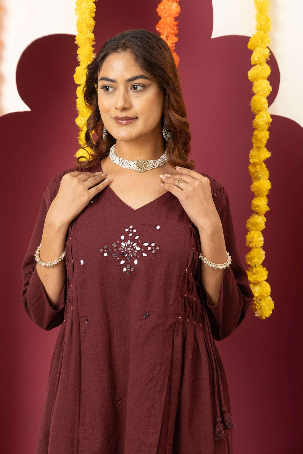 Wine Embroidered Cotton Suit Set