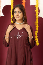 Wine Embroidered Cotton Suit Set