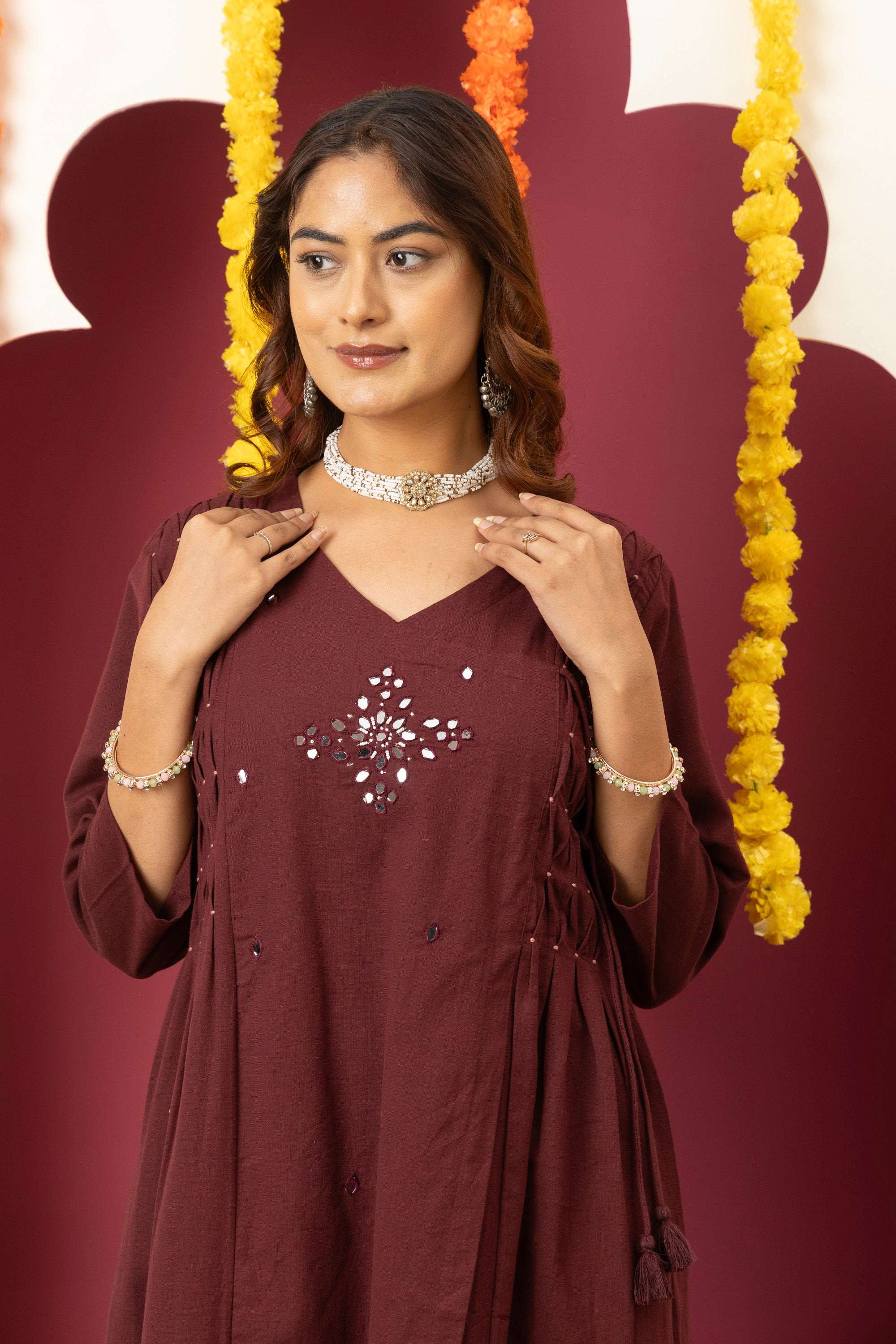Wine Embroidered Cotton Suit Set