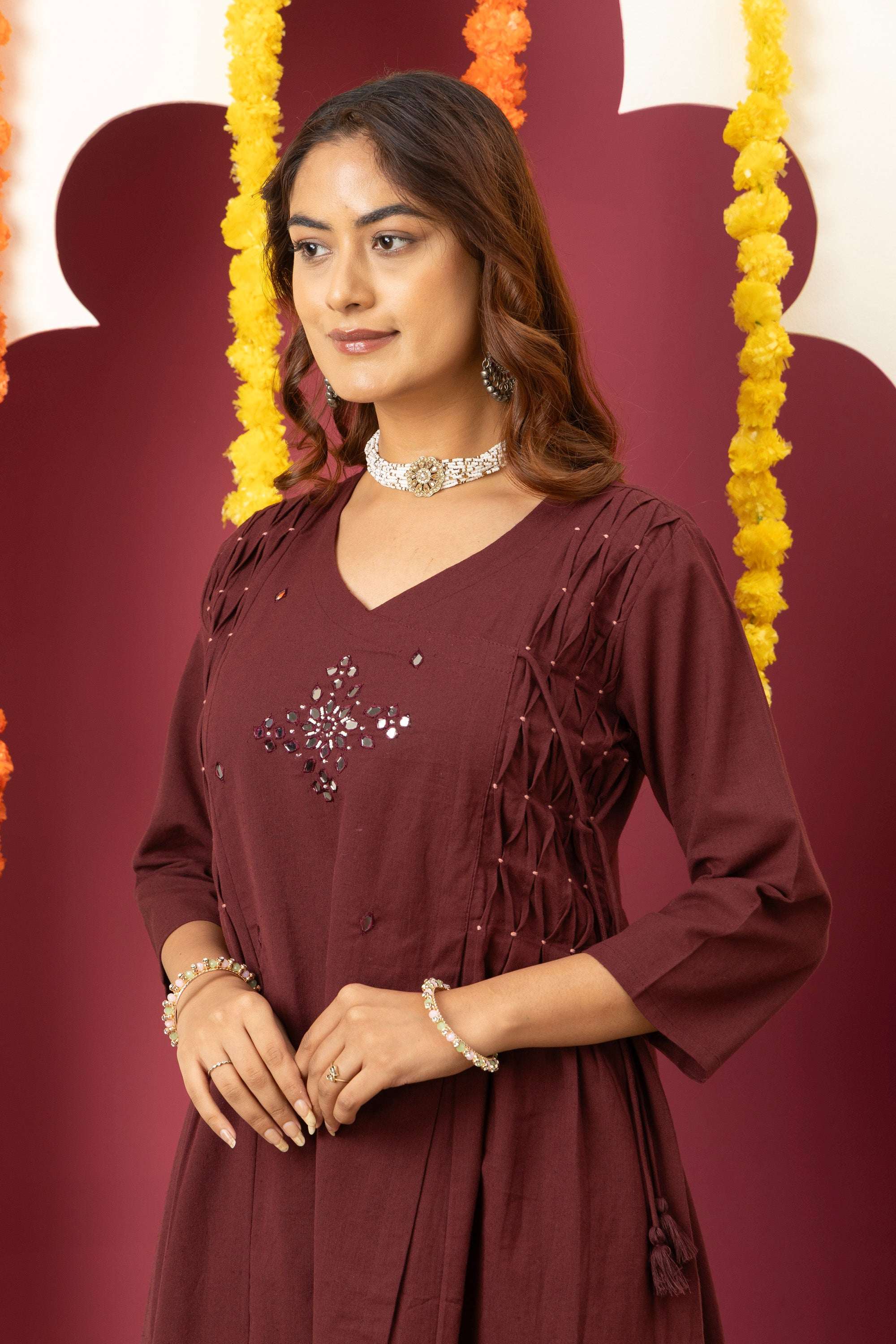 Wine Embroidered Cotton Suit Set