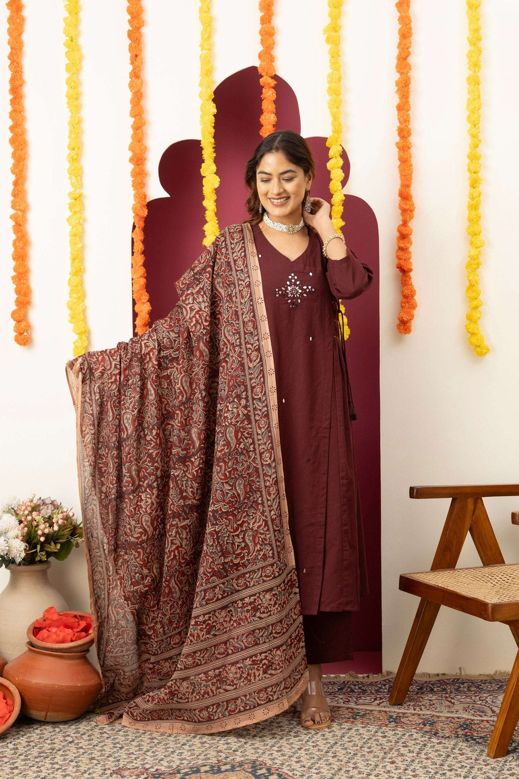 Wine Embroidered Cotton Suit Set