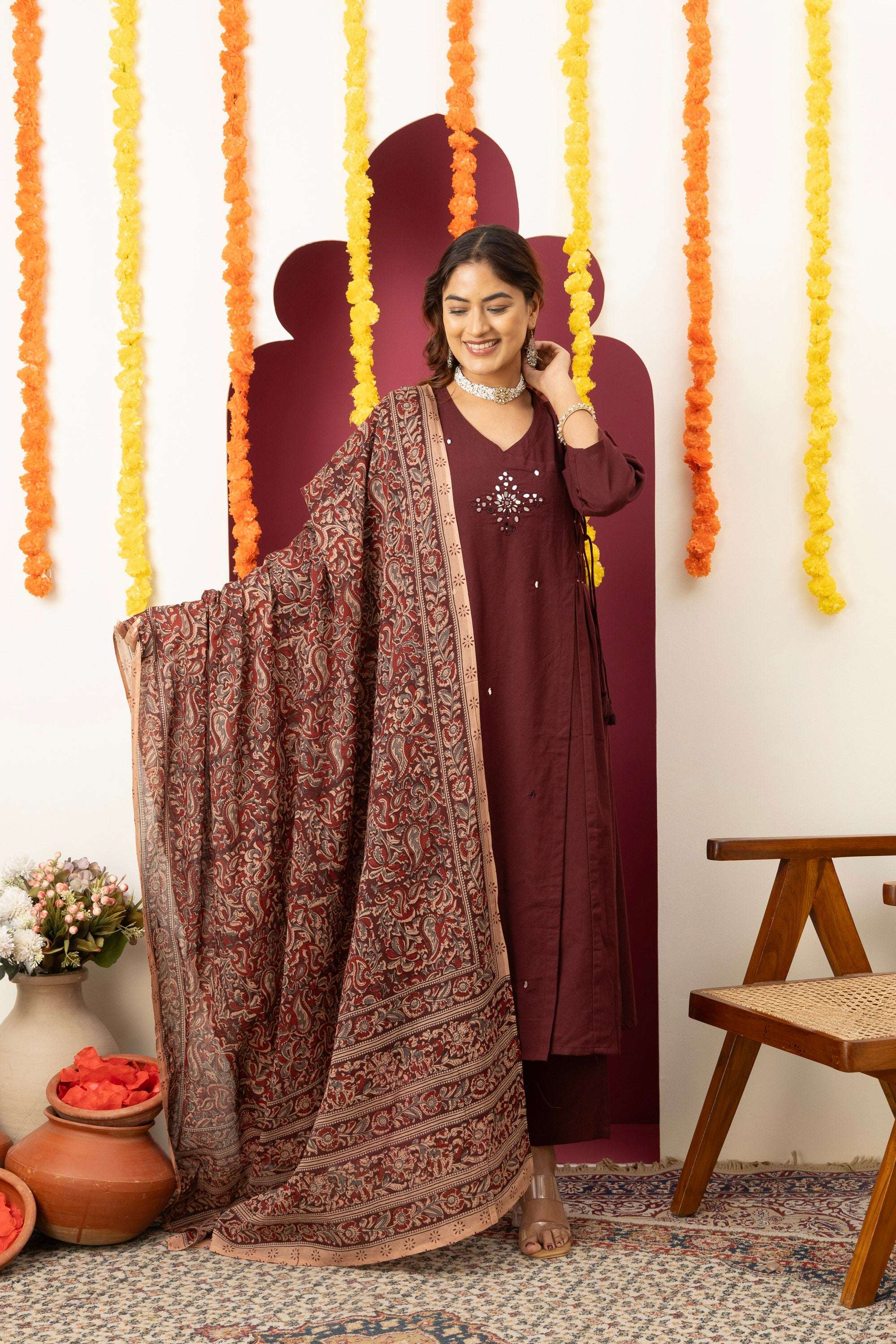 Wine Embroidered Cotton Suit Set