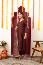 Wine Embroidered Cotton Suit Set